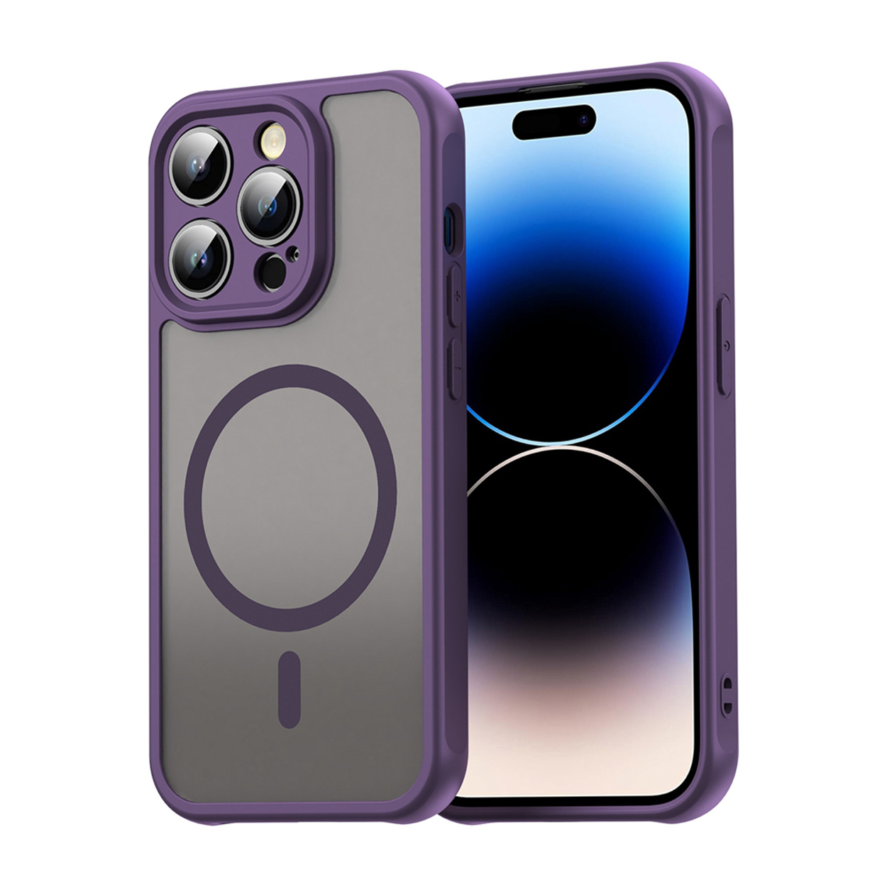 Un téléphone dans une coque violette, avec un dos gris et un cercle, sur une surface blanche.