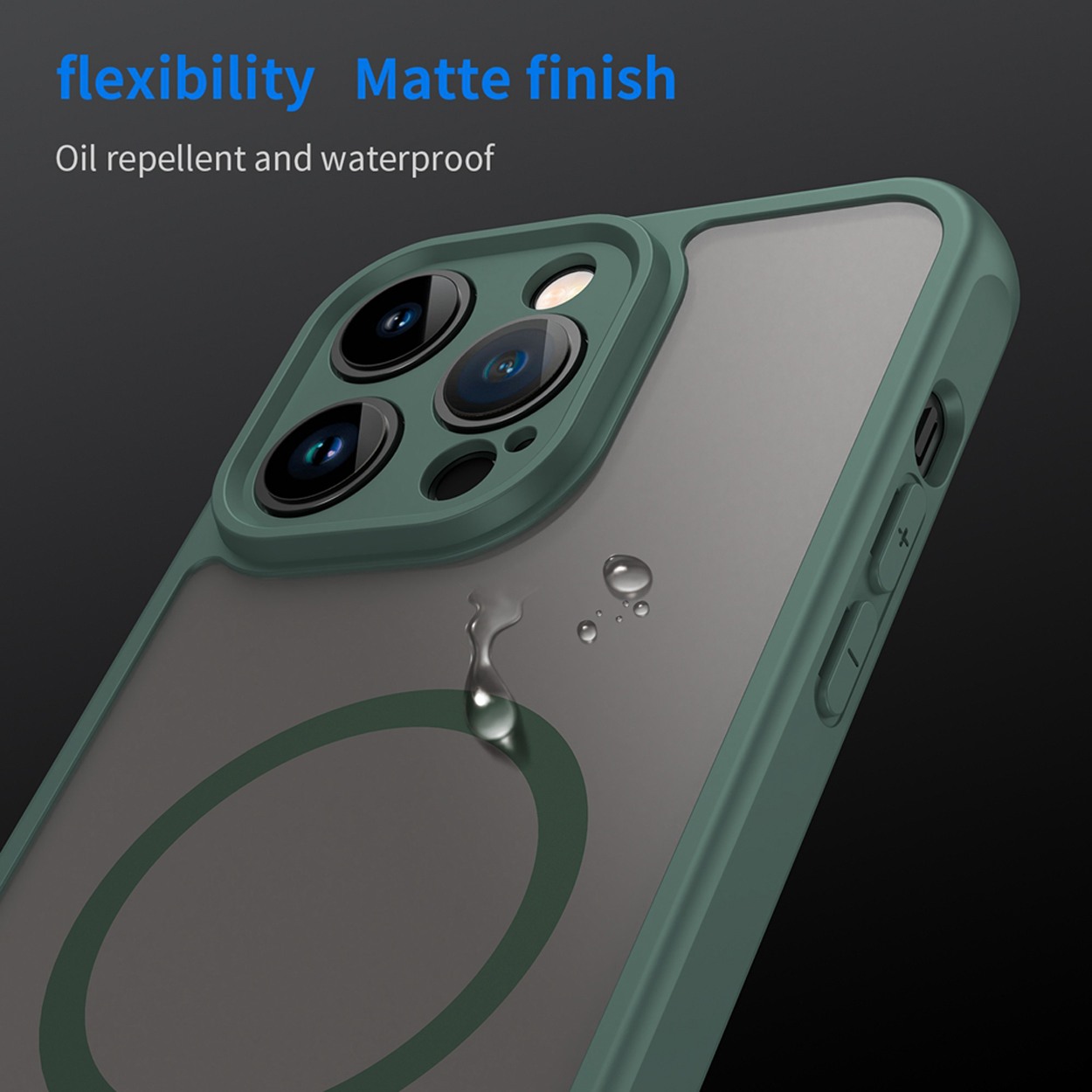 Close-up van een groen telefoonhoesje met een doorzichtige achterkant, waterdruppels en een matte afwerking.