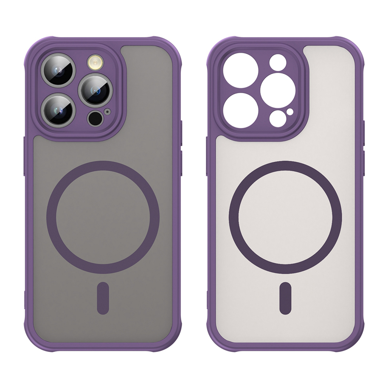 Deux coques de téléphone, cadre violet, dos gris, avec cercle et petite barre.