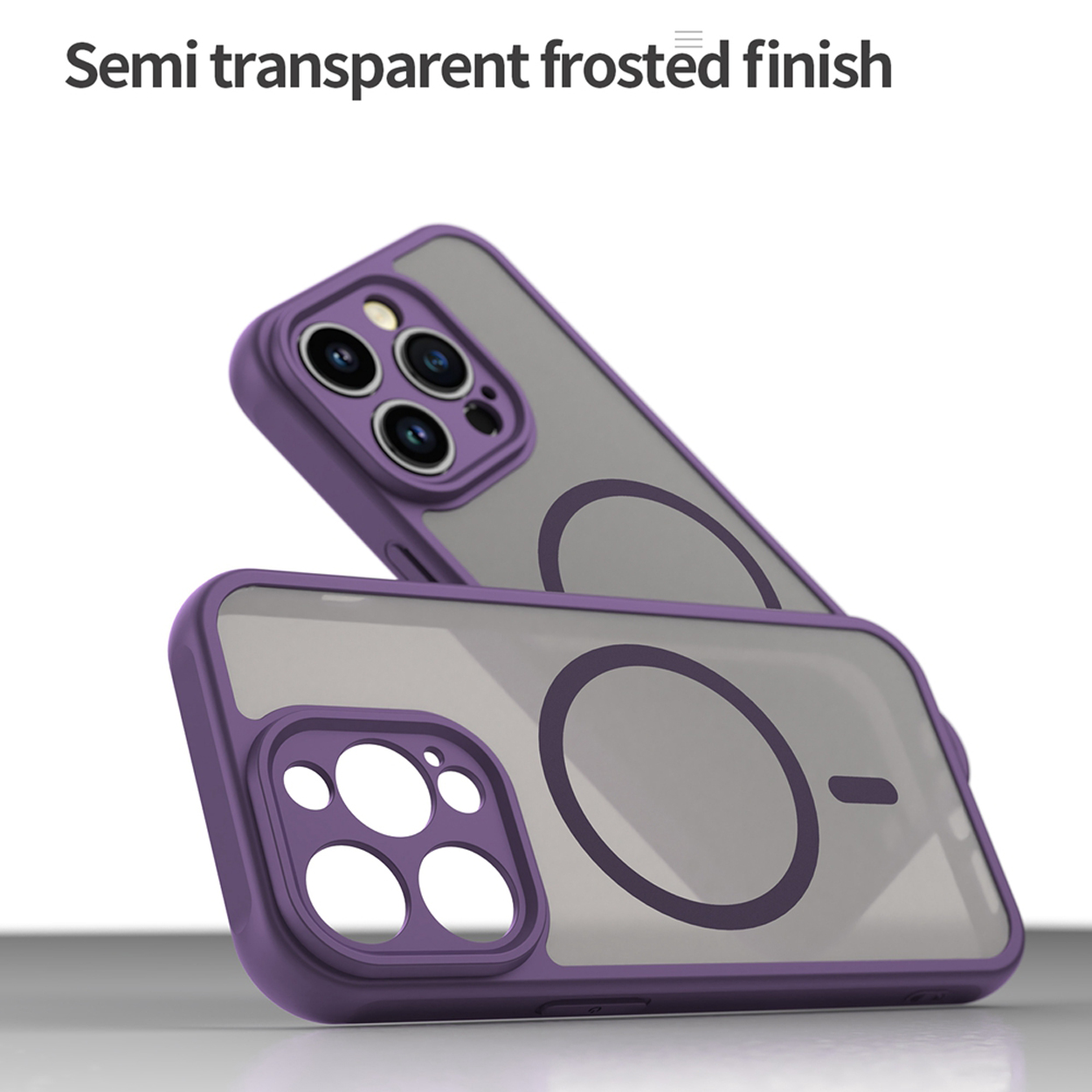 Deux coques de téléphone violettes, l'une sur l'autre, toutes deux avec une finition givrée semi-transparente.
