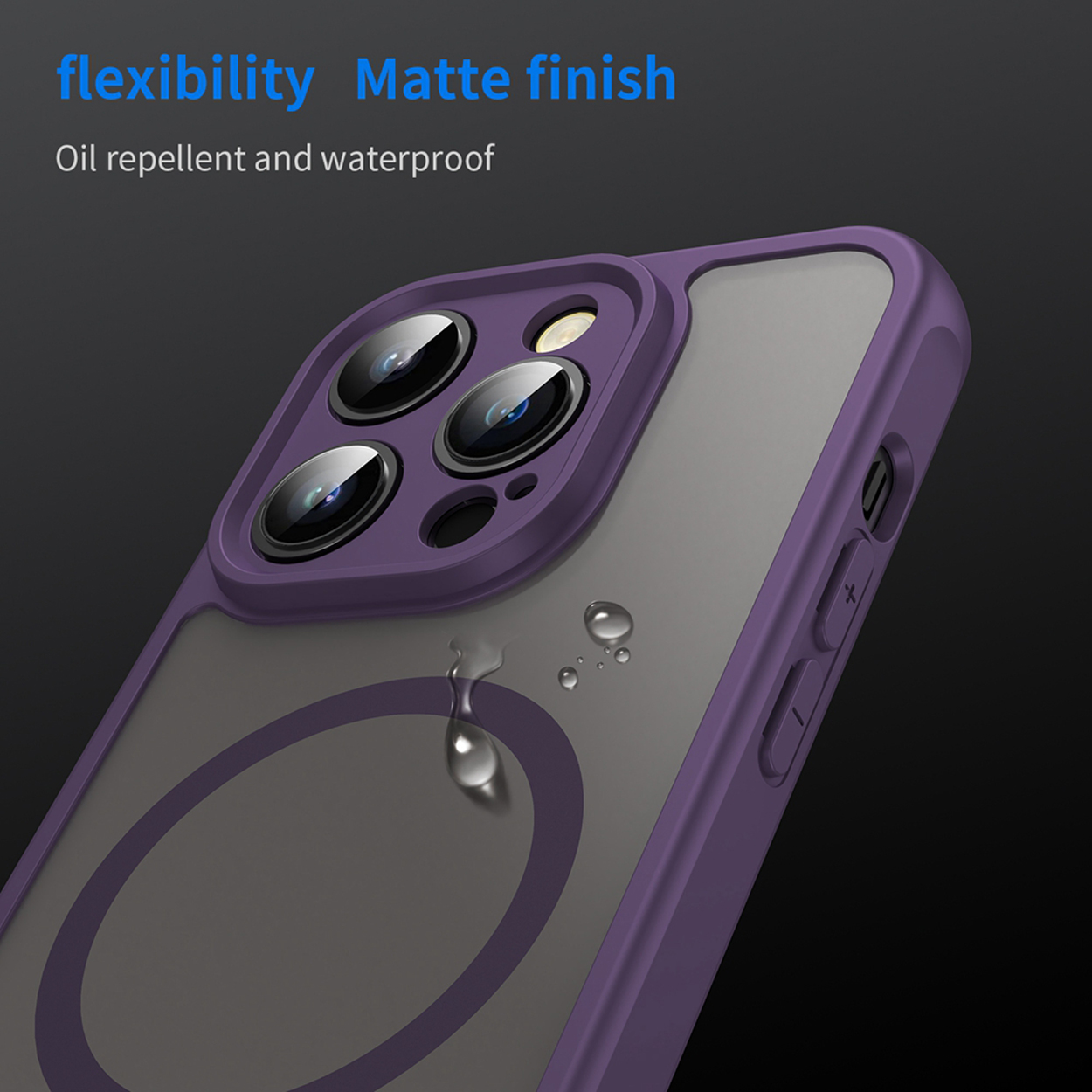 Gros plan d'une coque de téléphone violette avec des gouttes d'eau, montrant une finition mate.