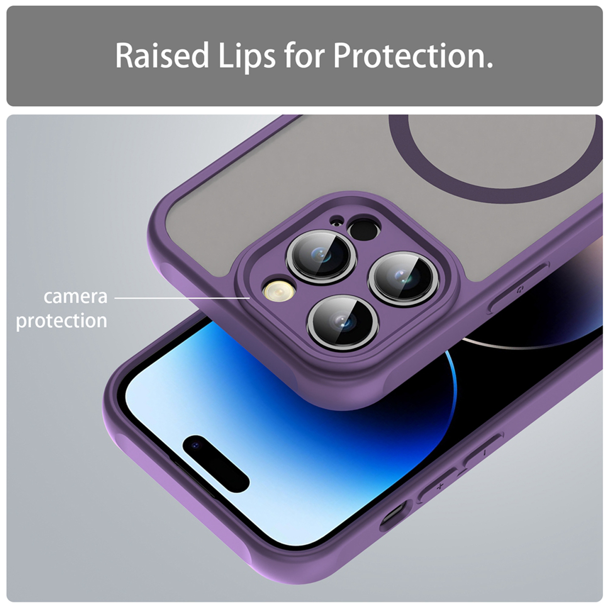 Gros plan sur une coque de téléphone violette avec dos gris et protection de caméra à bords relevés.
