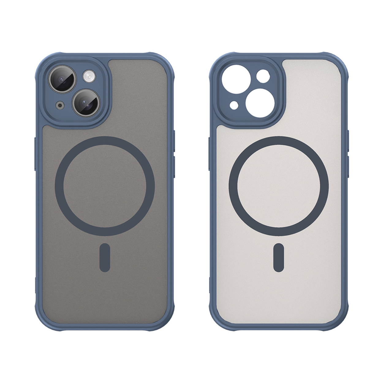 Two phone cases side-by-side, one gray, one white, both with blue borders and a circle.