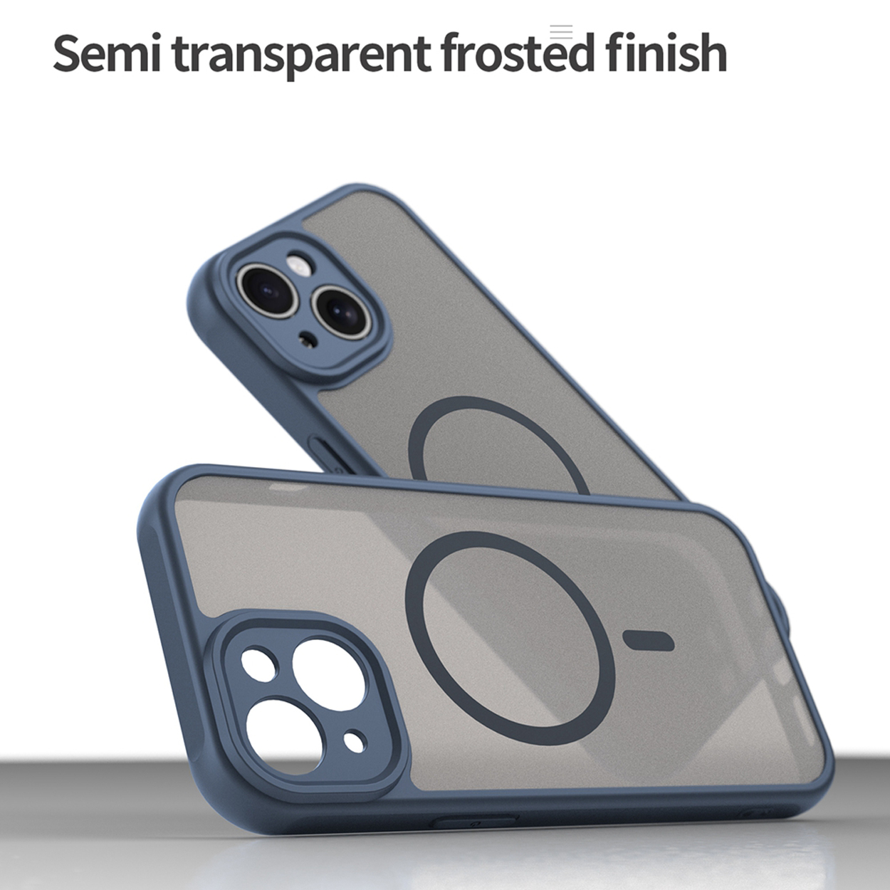 Two phone cases, one on top of the other, both with blue borders, and a semi-transparent finish.