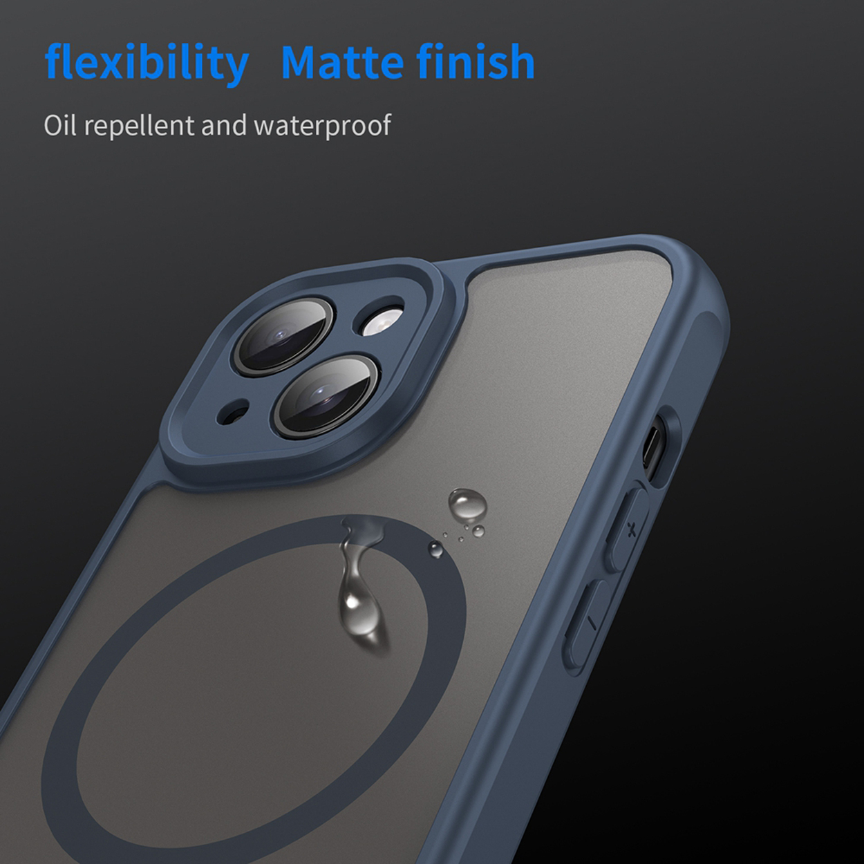Close-up of a blue phone case with water droplets, showing a matte finish.