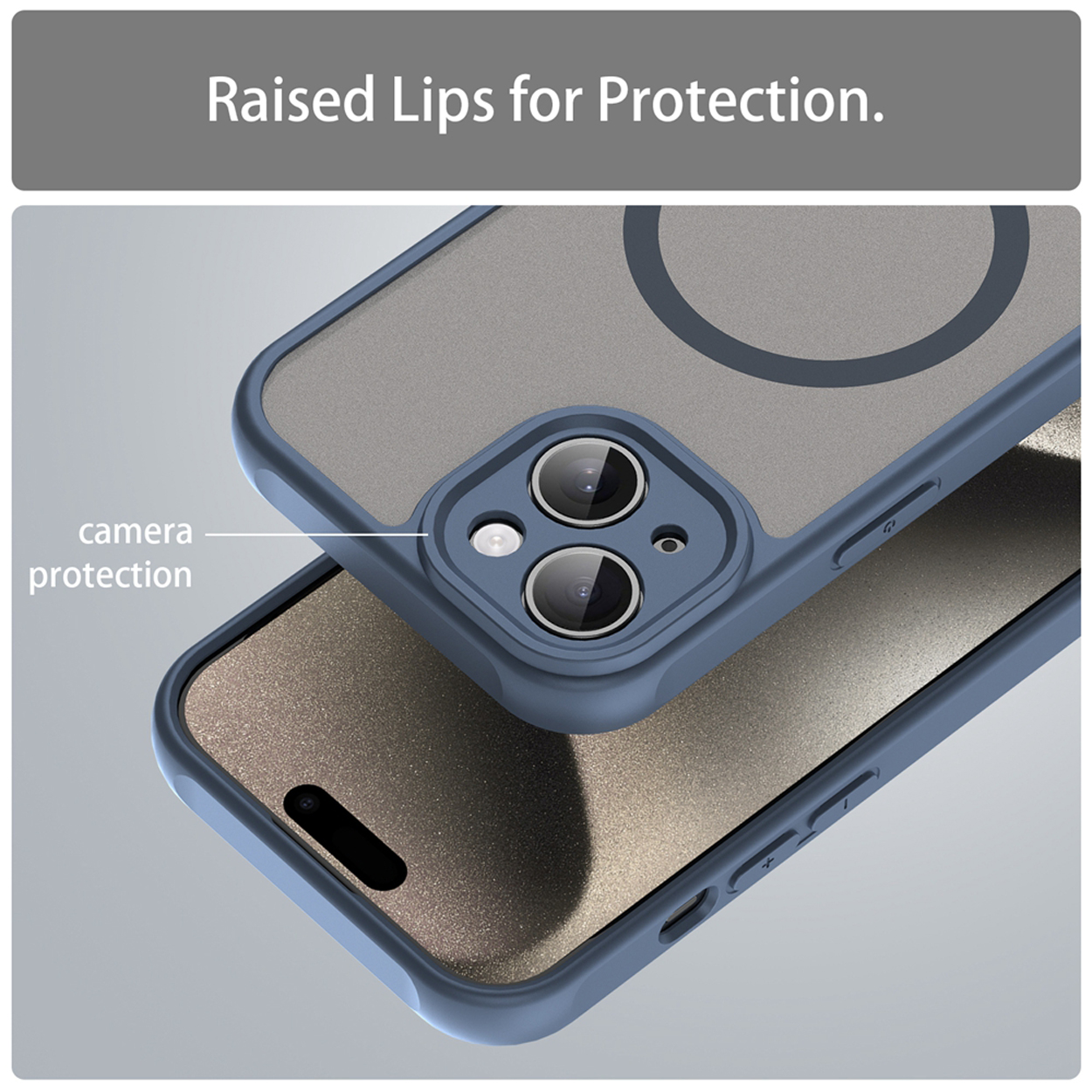 Blue phone case with raised camera protection, protecting a phone's screen.