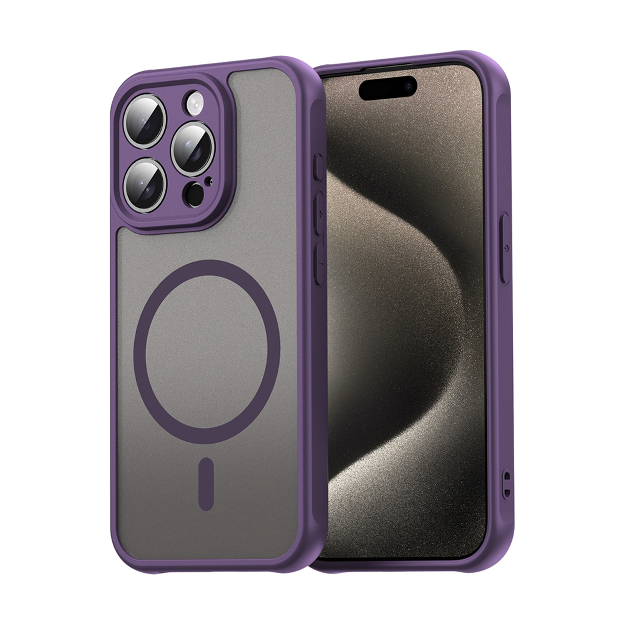 Un étui de téléphone violet avec un dos givré et un design circulaire est montré à côté d'un téléphone.