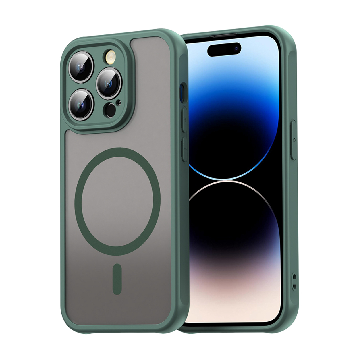 Coque de téléphone avec un cadre vert, dos gris et un téléphone à l'intérieur. Le téléphone est bleu foncé.