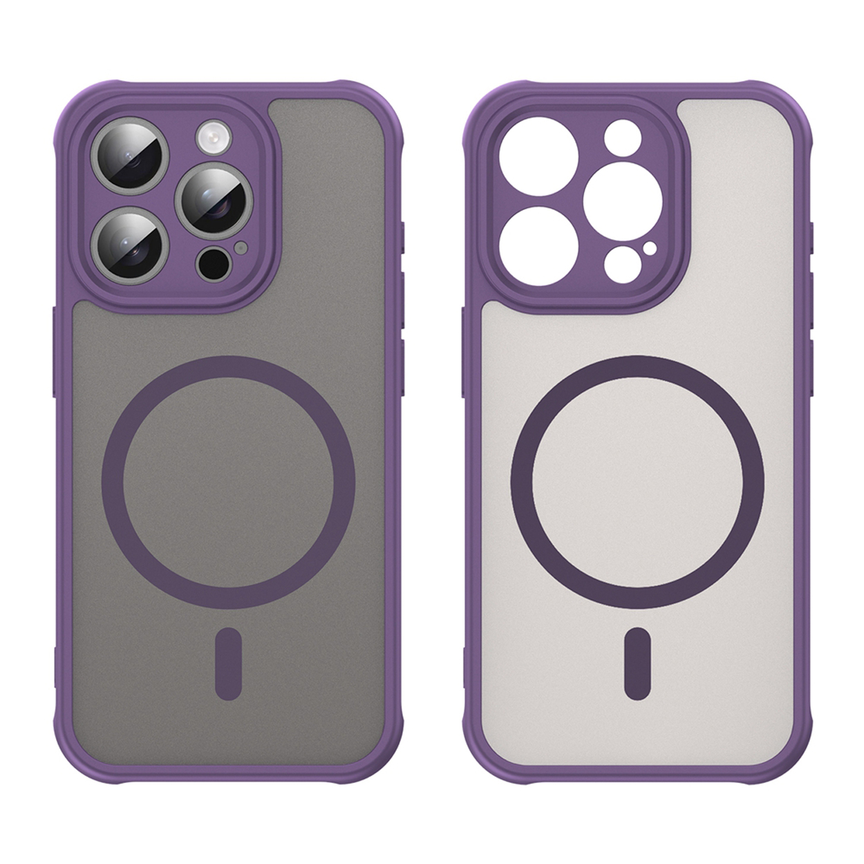 Deux coques de téléphone, cadre violet, dos gris et dos blanc avec un cercle. Les deux ont une zone de caméra violette.