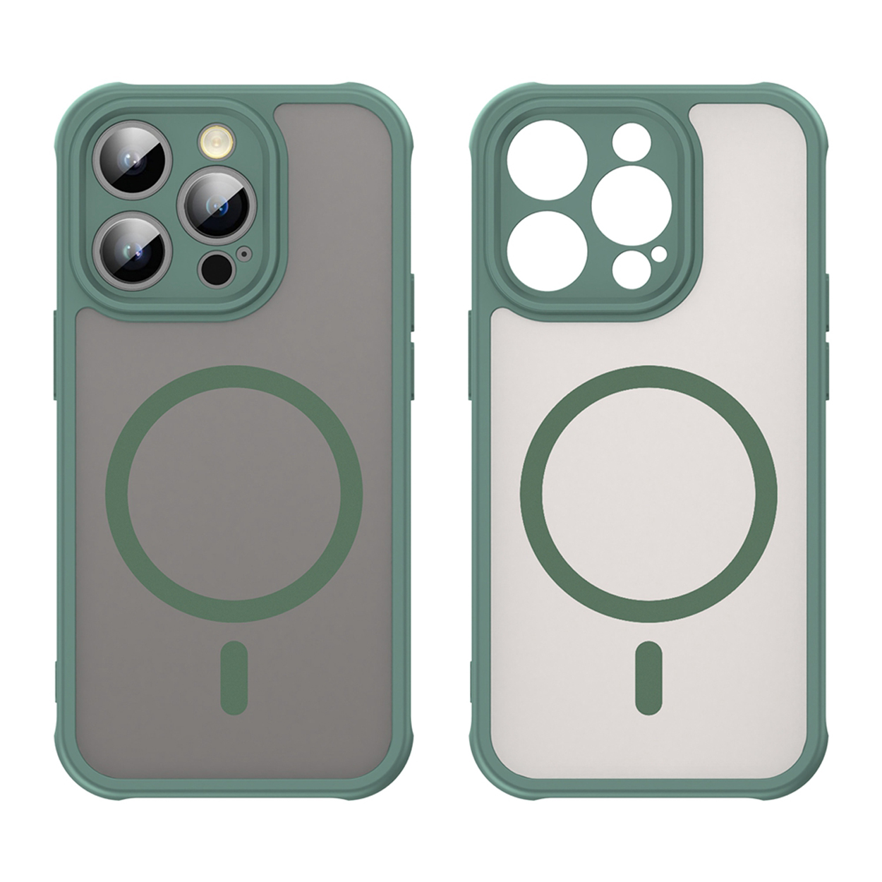 Deux étuis de téléphone, cadre vert, dos givré avec un design circulaire et un devant transparent.