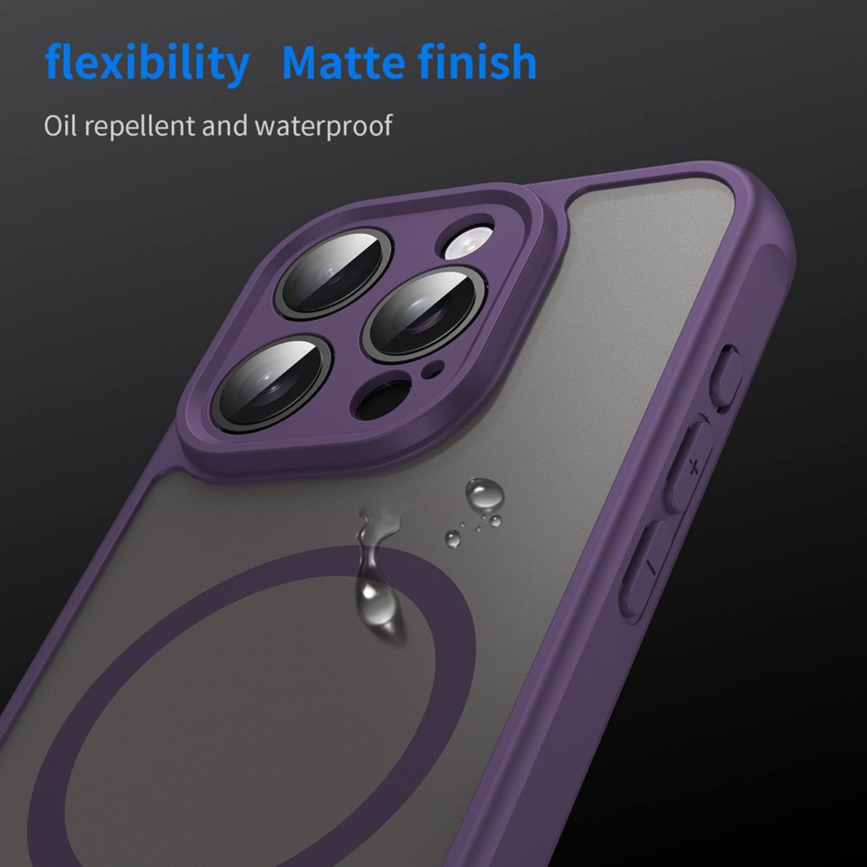 Coque de téléphone avec un cadre violet, dos gris, trois lentilles de caméra. Gouttes d'eau visibles.