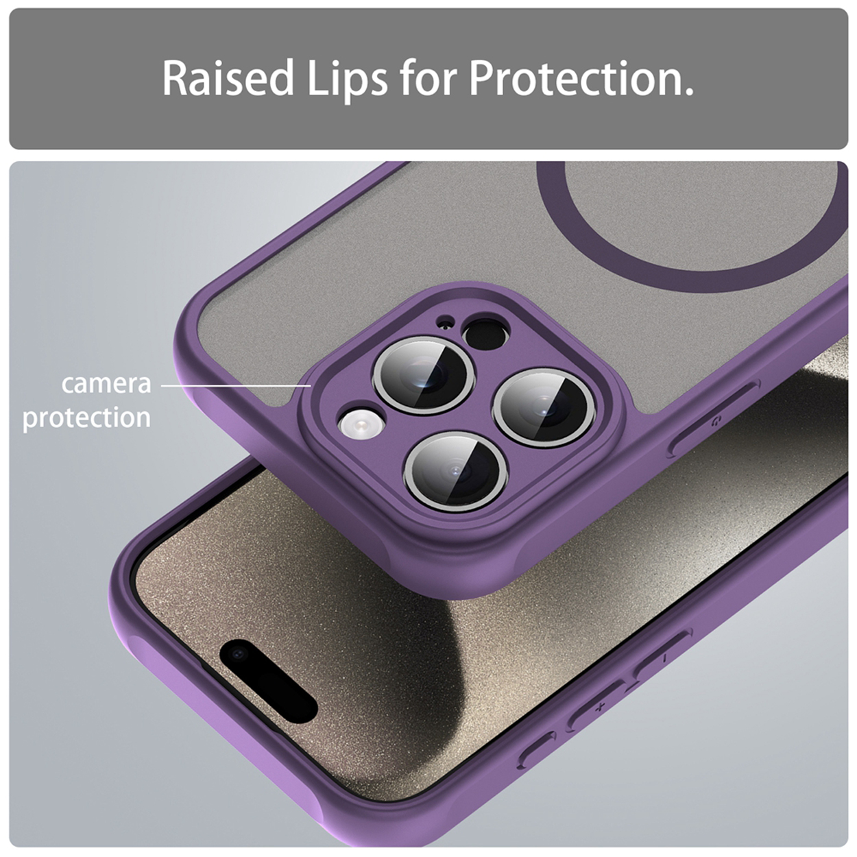 Gros plan d'un étui de téléphone violet avec protection de l'appareil photo, le téléphone est à l'intérieur.