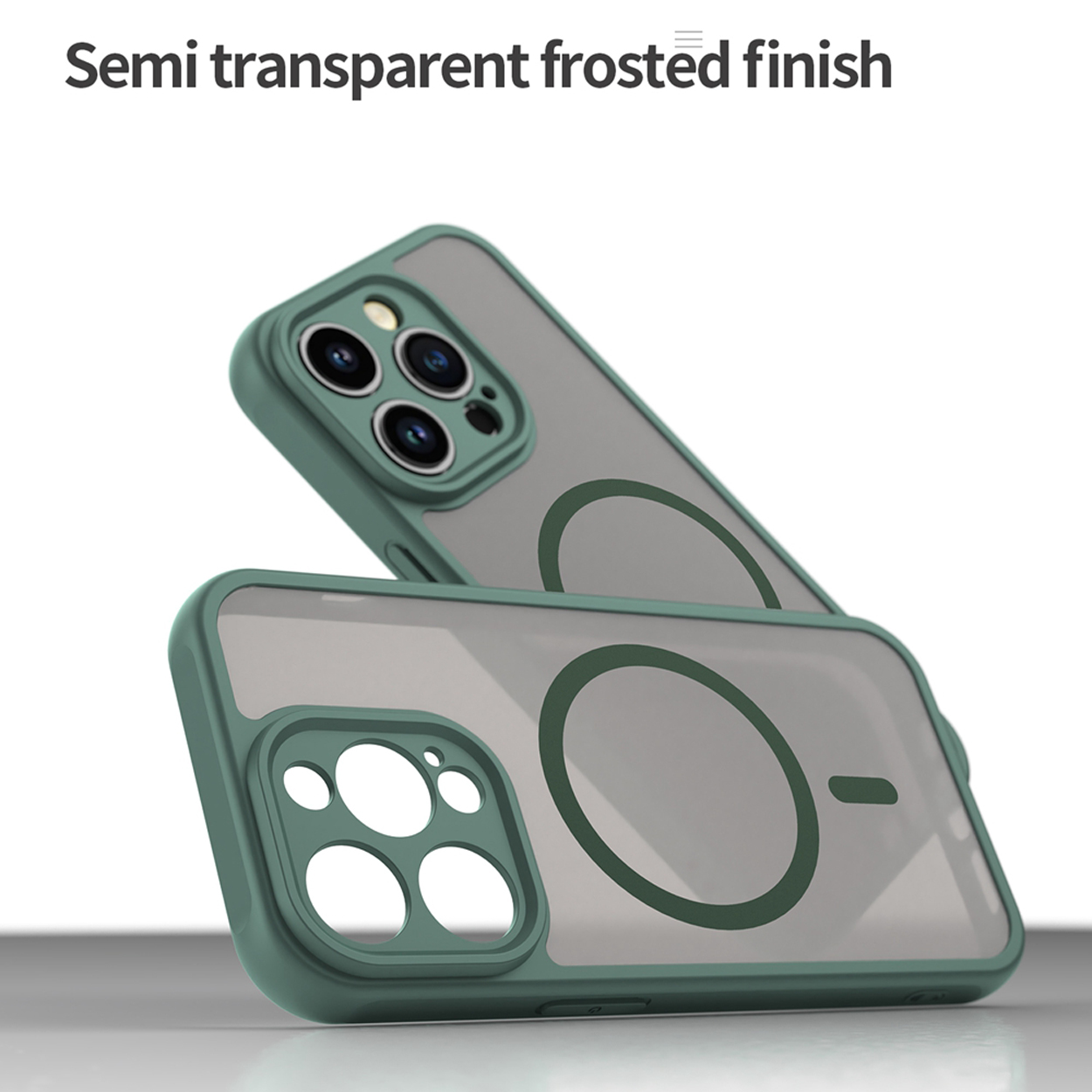 Deux coques de téléphone vertes se chevauchant, montrant le dos avec un cercle et une barre.
