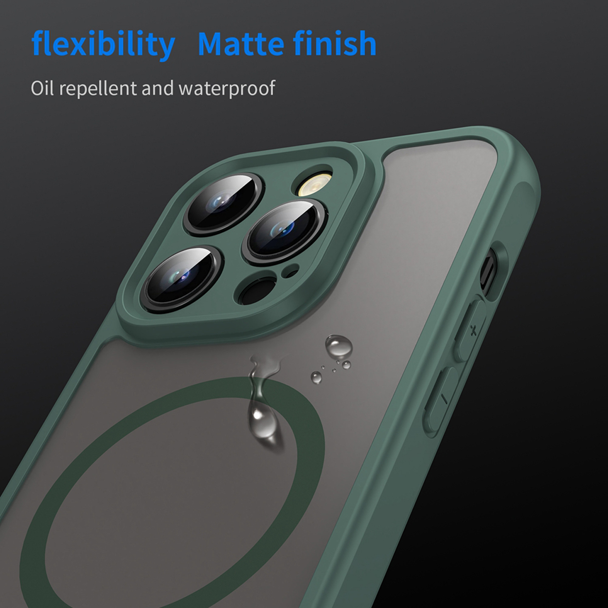 Coque de téléphone avec un cadre vert, dos gris et trois lentilles de caméra. Des gouttes d'eau sont visibles sur la coque.