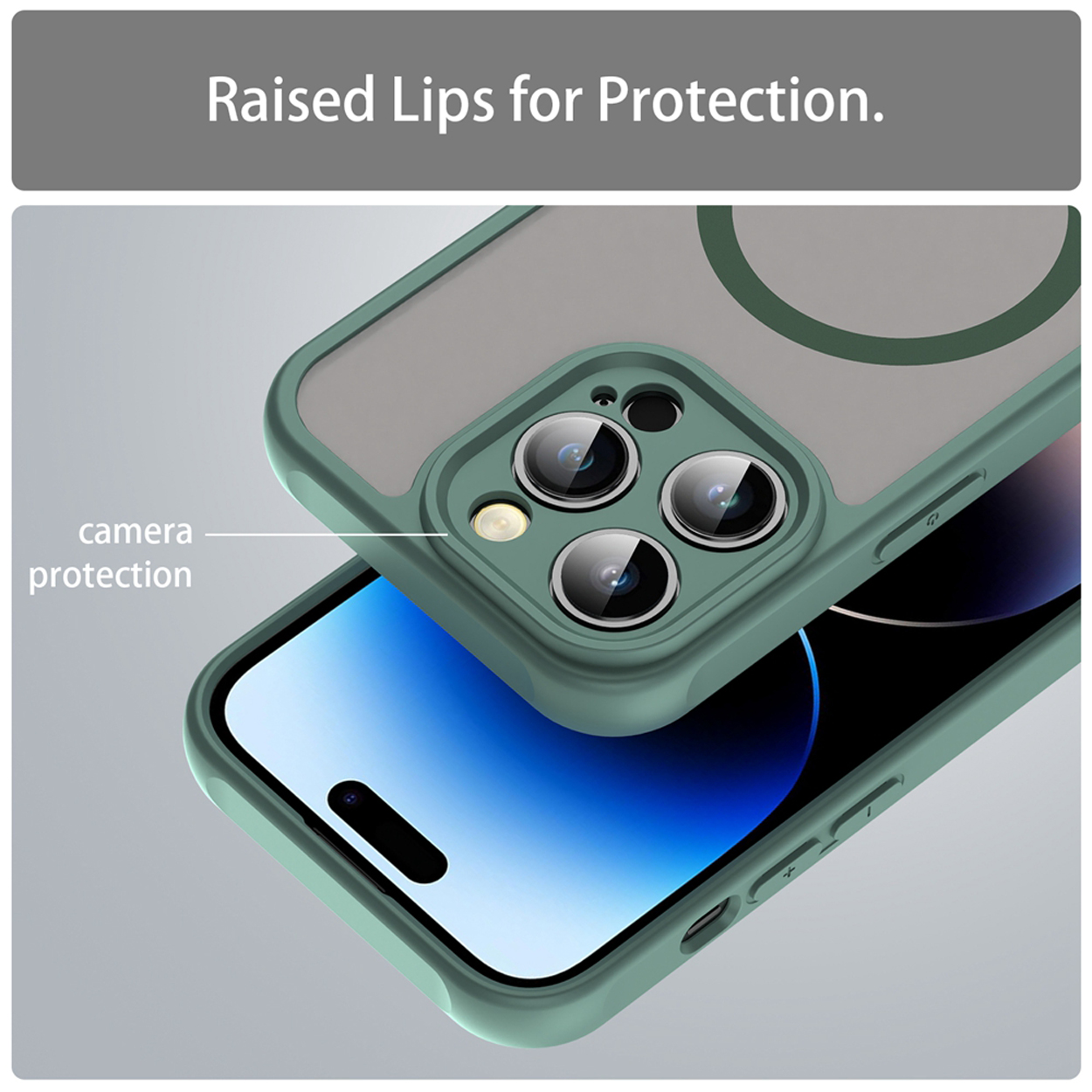 Coque de téléphone verte avec protection d'appareil photo surélevée, protégeant l'écran du téléphone.