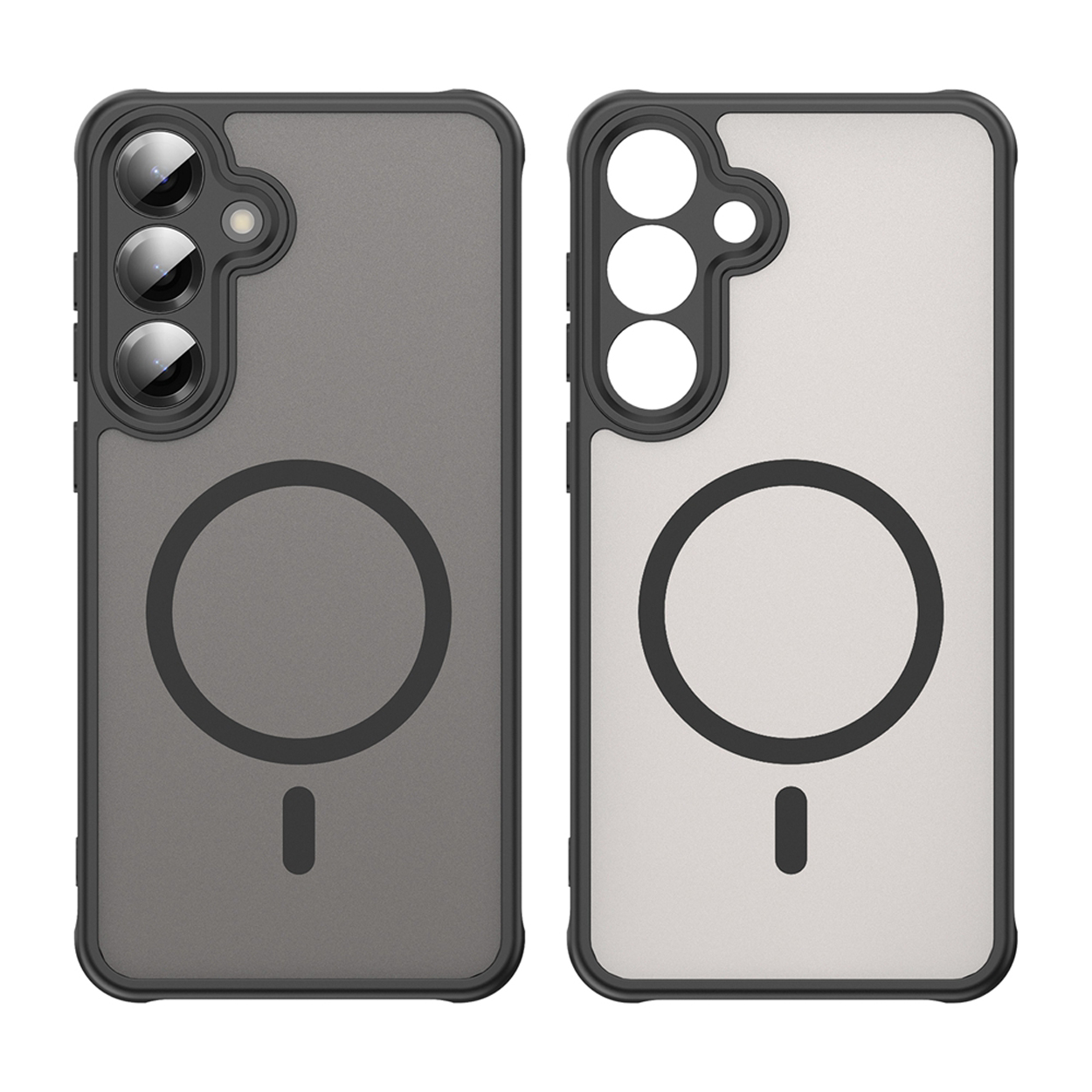Twee telefoonhoesjes, een met een grijze achterkant en een met een witte achterkant. Beide hebben zwarte frames en een cirkel.