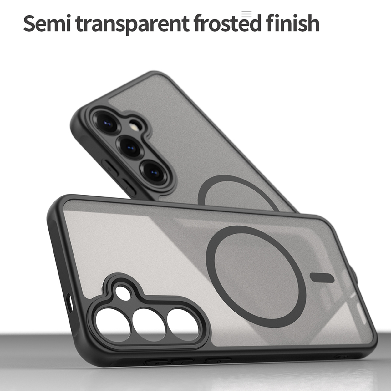 Twee telefoonhoesjes met een matte afwerking, zwart frame en een cirkel op de achterkant. De achtergrond is wit.