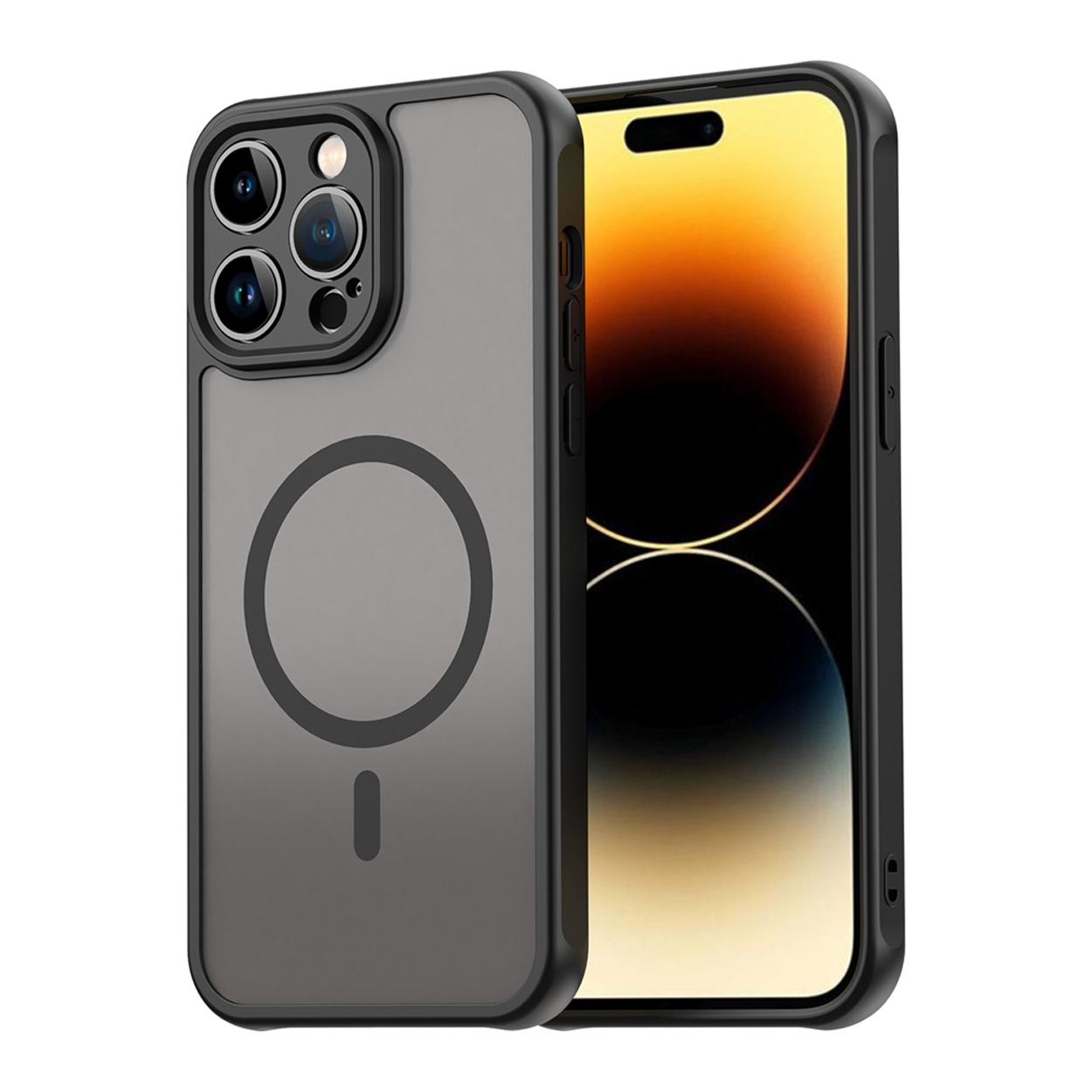 Coque de téléphone avec un cadre noir, dos gris et un téléphone à l'intérieur. Le téléphone a un écran bleu.