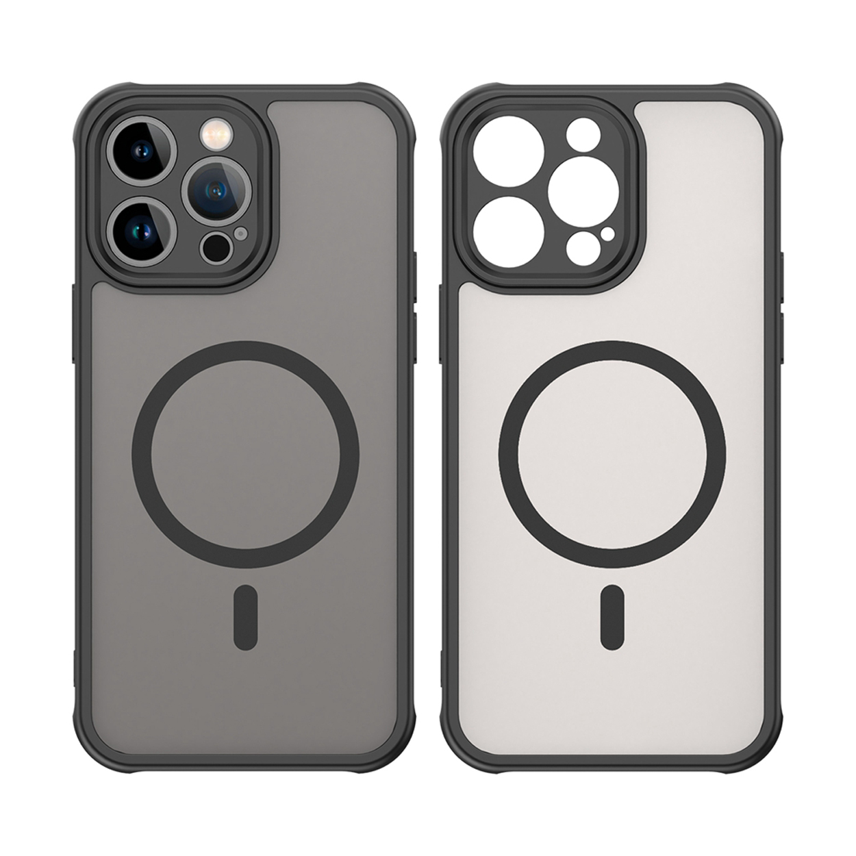 Deux coques de téléphone, cadre noir, dos gris et un cercle au dos. L'une a un dos gris et l'autre est blanche.