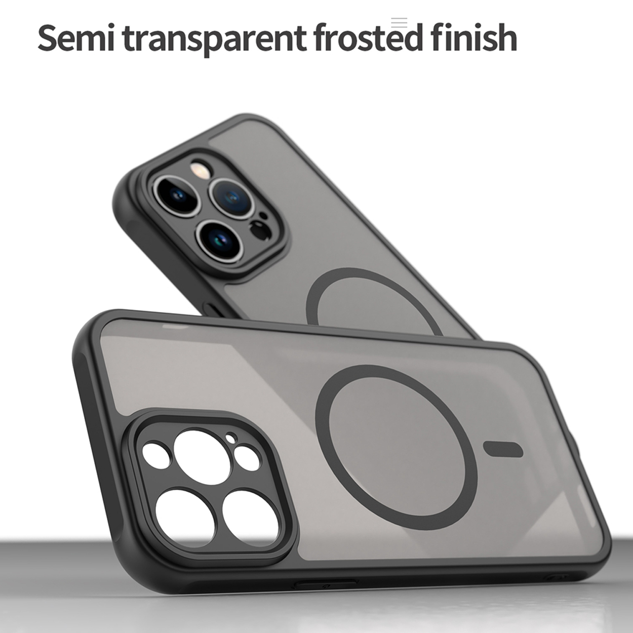 Deux coques de téléphone, cadre noir, dos gris et un cercle au dos. Le fond est blanc.