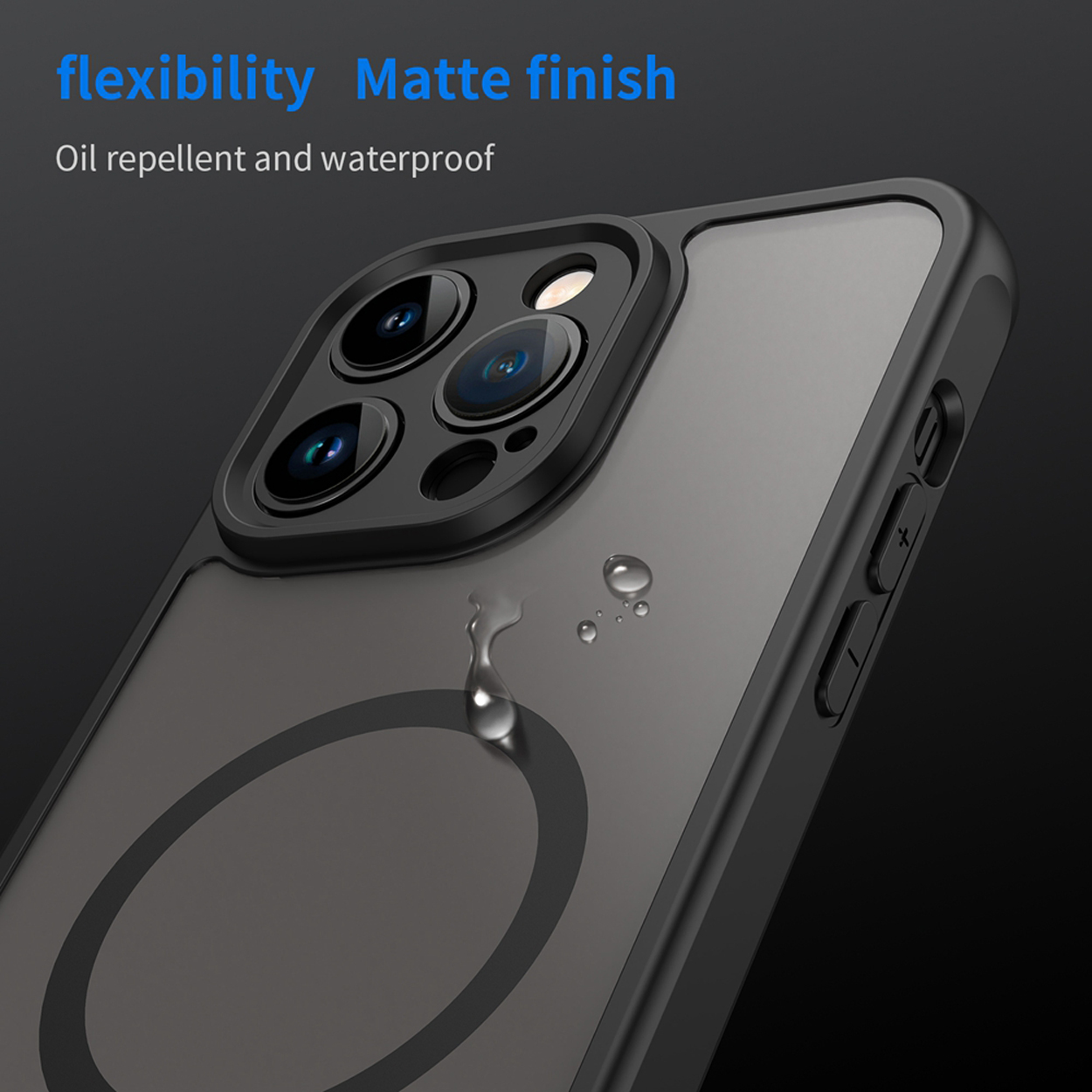 Coque de téléphone avec un cadre noir, dos gris et trois lentilles de caméra. Gouttes d'eau visibles.