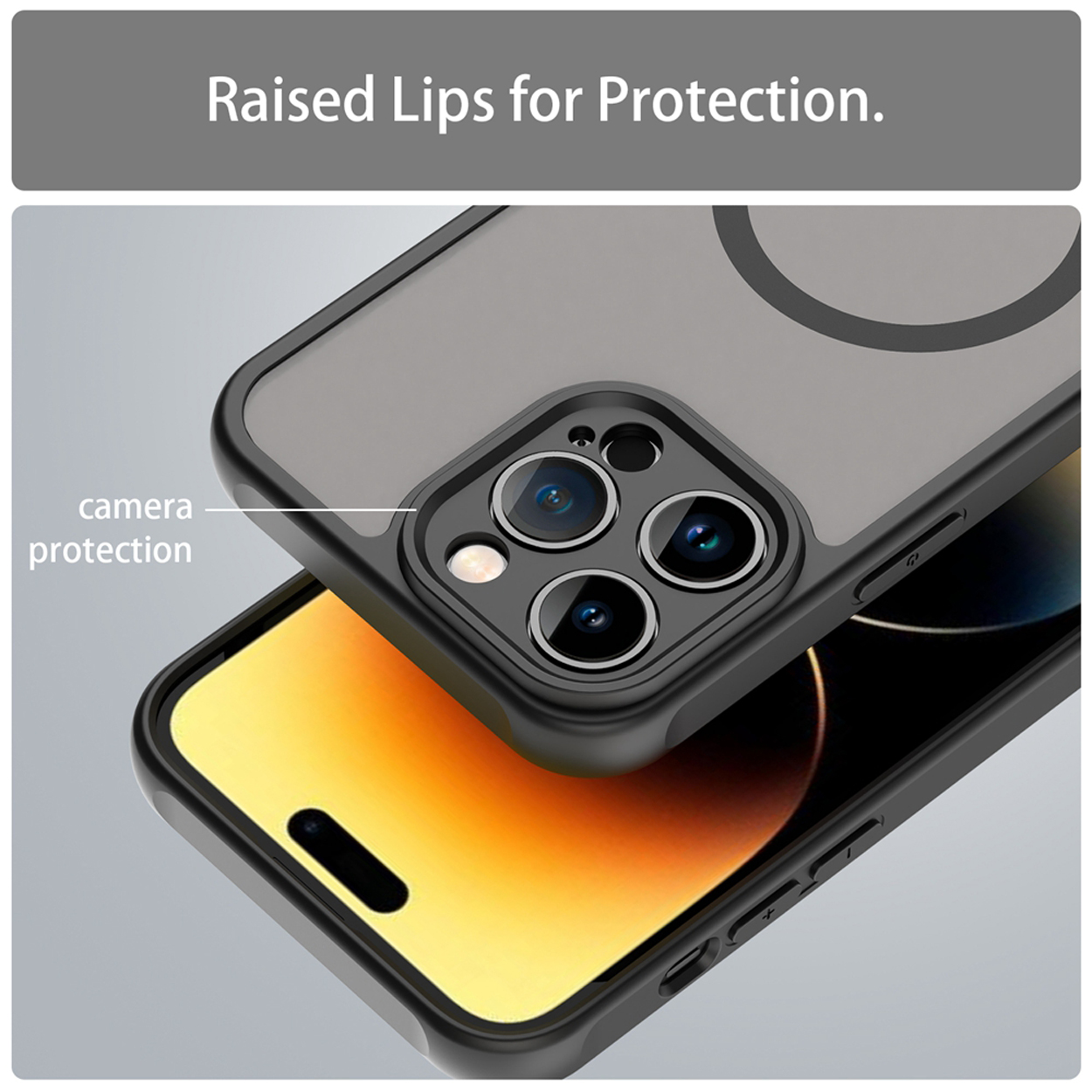 Une coque de téléphone avec un cadre noir, dos gris. Montre la protection de la caméra et des bords surélevés.