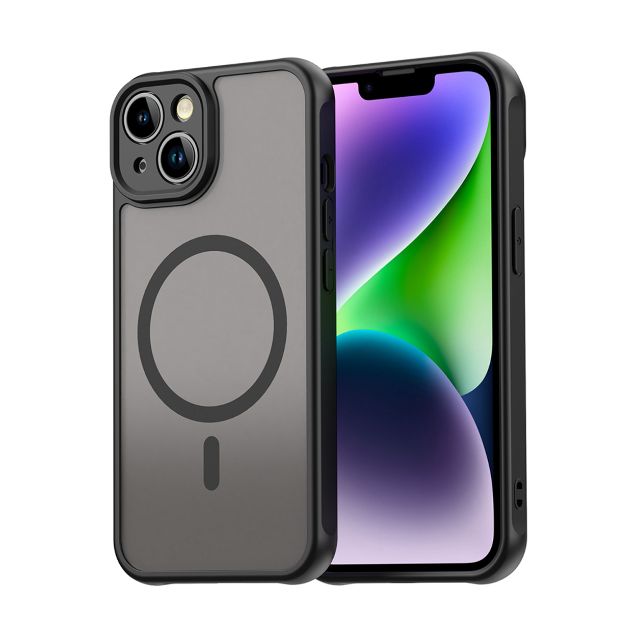 Telefoonhoesje met zwart frame en donkergrijze achterkant. iPhone zit erin.