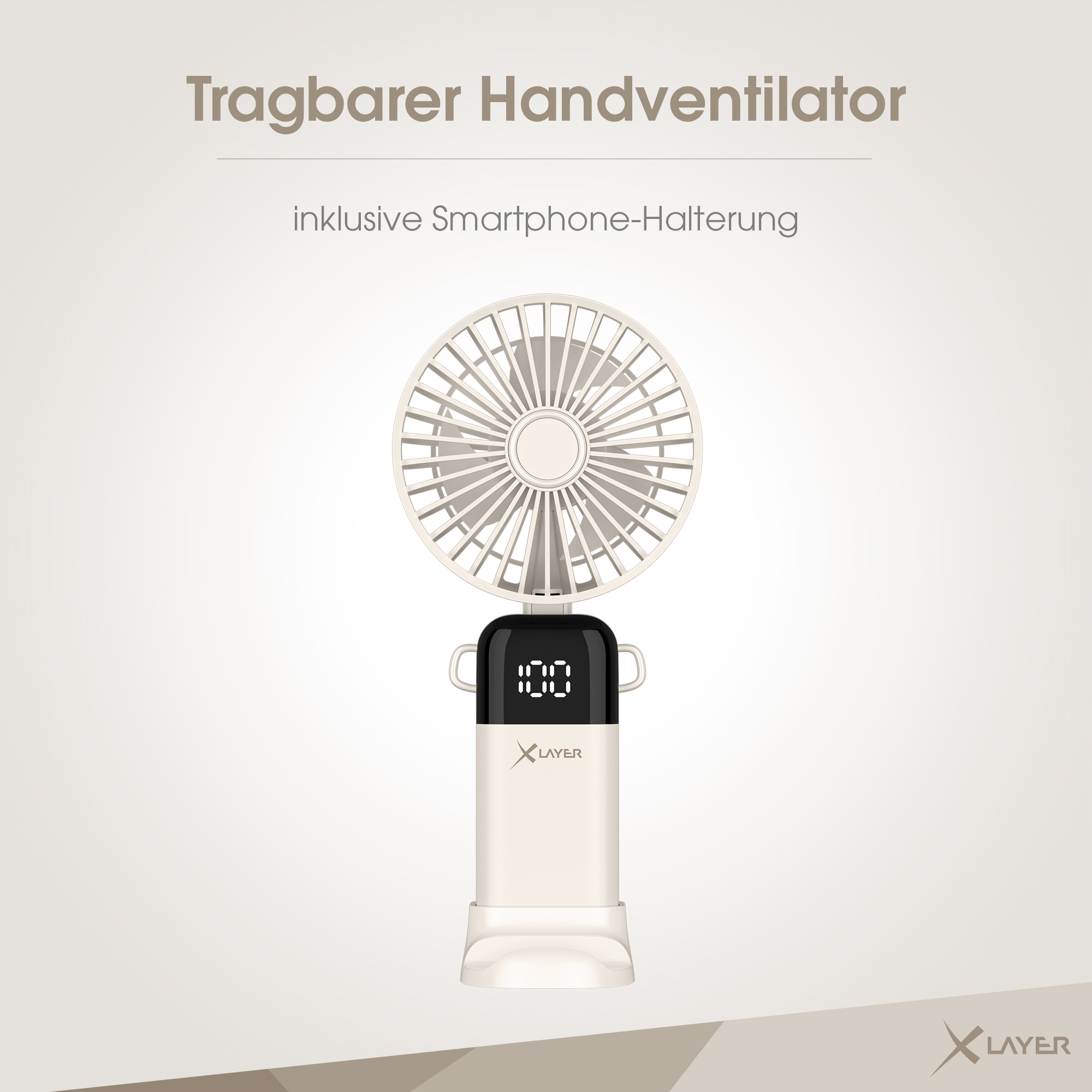 Weißer Handventilator mit Display. Produktbeschreibungstext oben.
