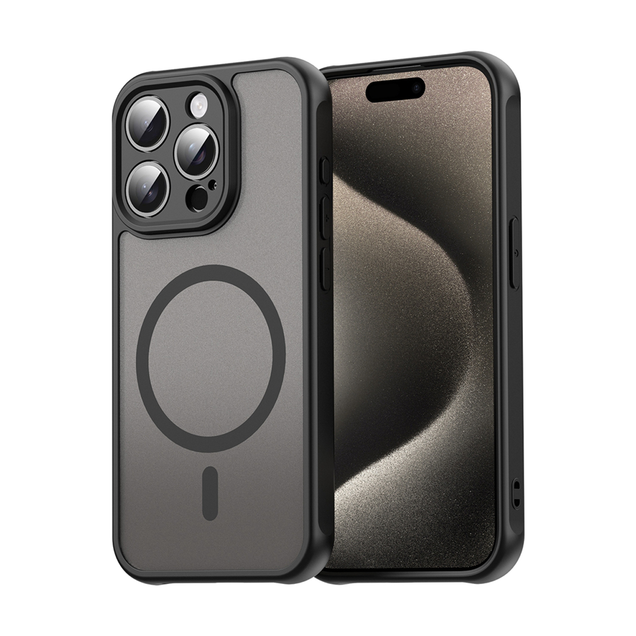 Telefoonhoesje met zwart frame en donkergrijze achterkant. iPhone zit erin.