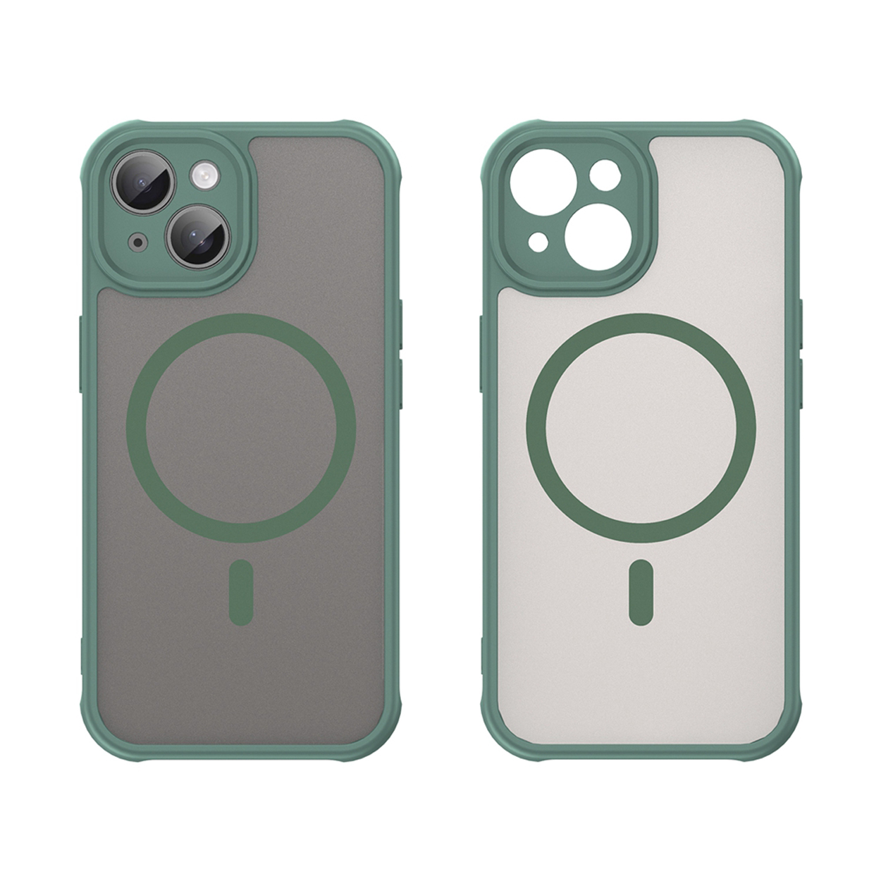 Two phone cases, green frame, clear back. One has phone inside, the other empty.