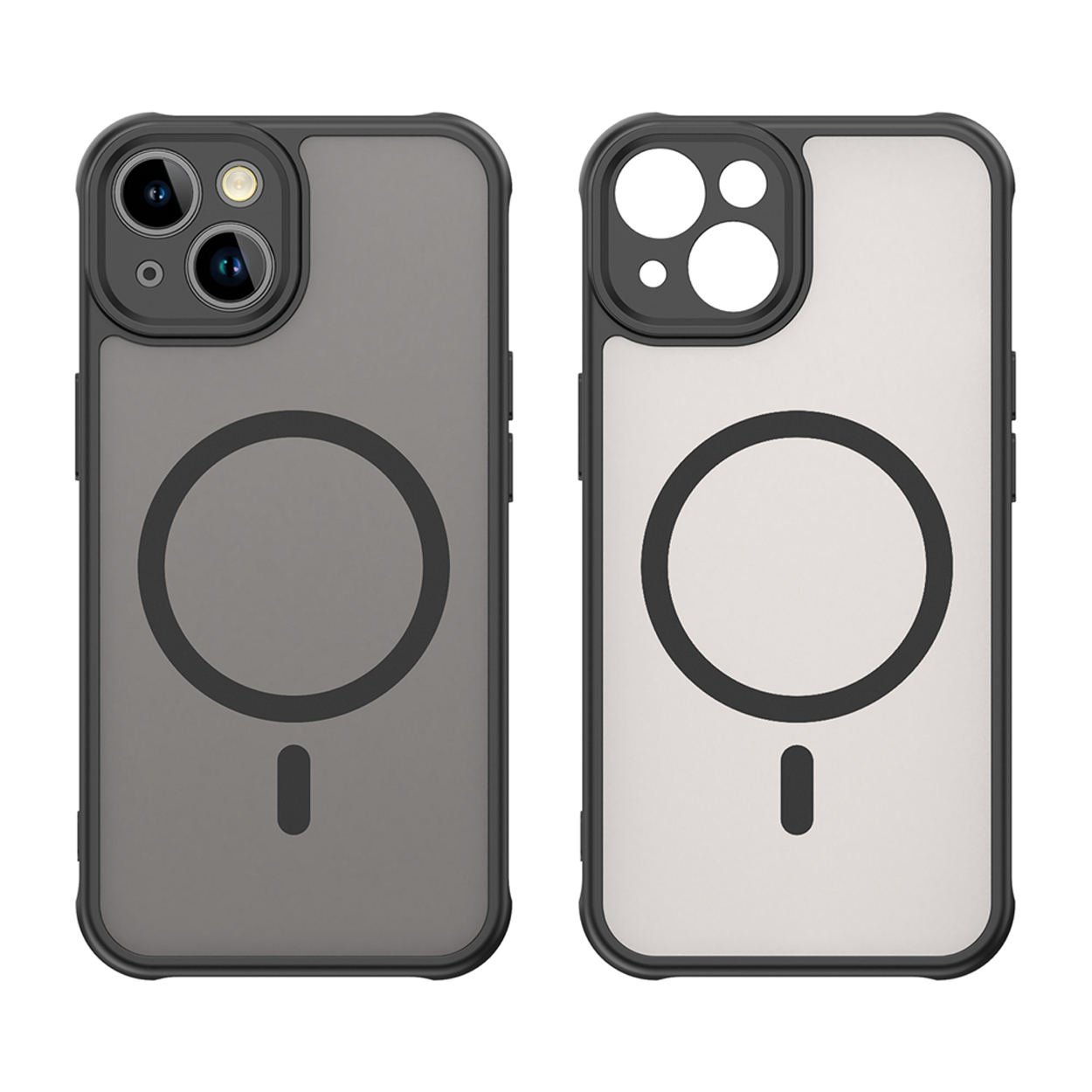 Twee telefoonhoesjes, zwart frame, grijze achterkant. Eén met telefoon, de andere leeg.