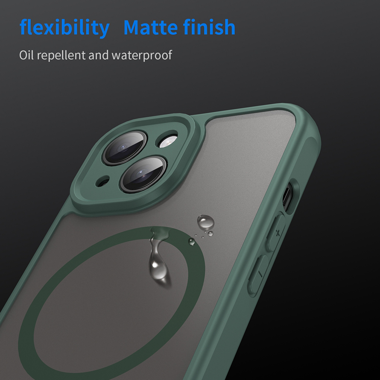 Phone case with green frame, water drops, and a phone inside.