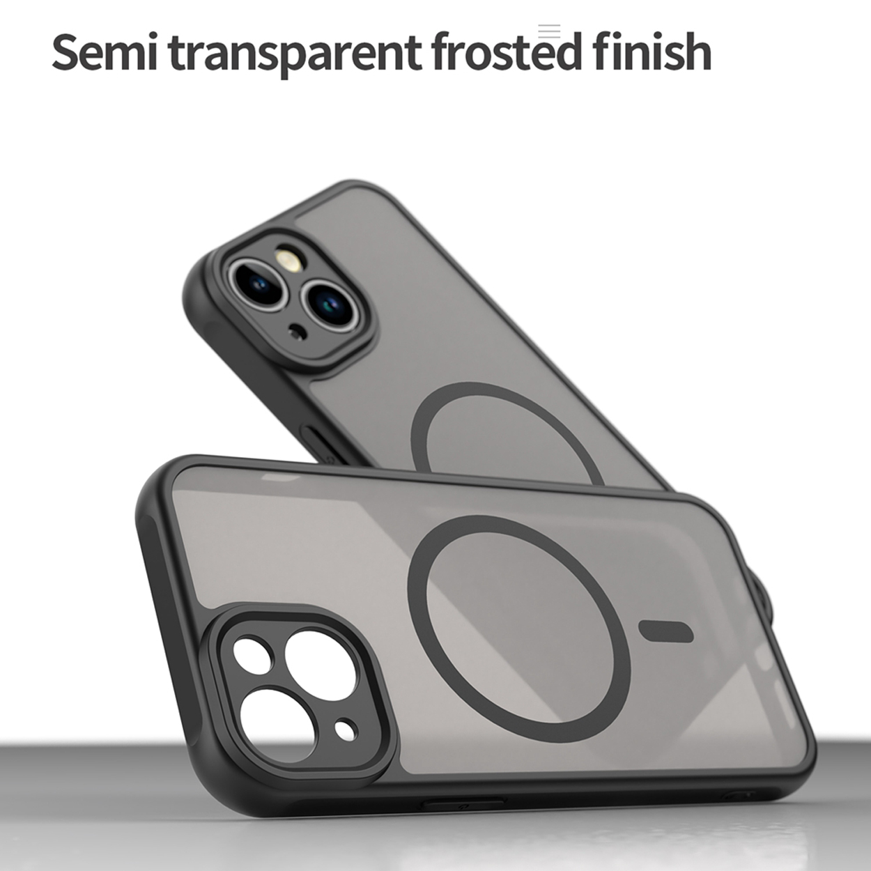Twee telefoonhoesjes, zwart frame, grijze achterkant, één met telefoon erin.