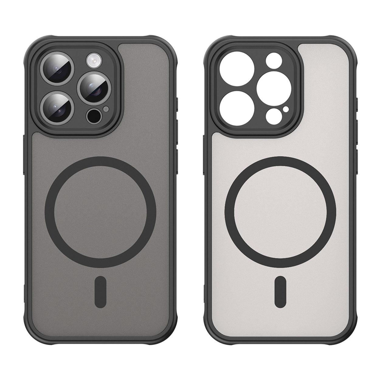 Twee telefoonhoesjes, zwart frame en grijze achterkant, één met de telefoon erin. Beide hebben een cirkel in het midden.