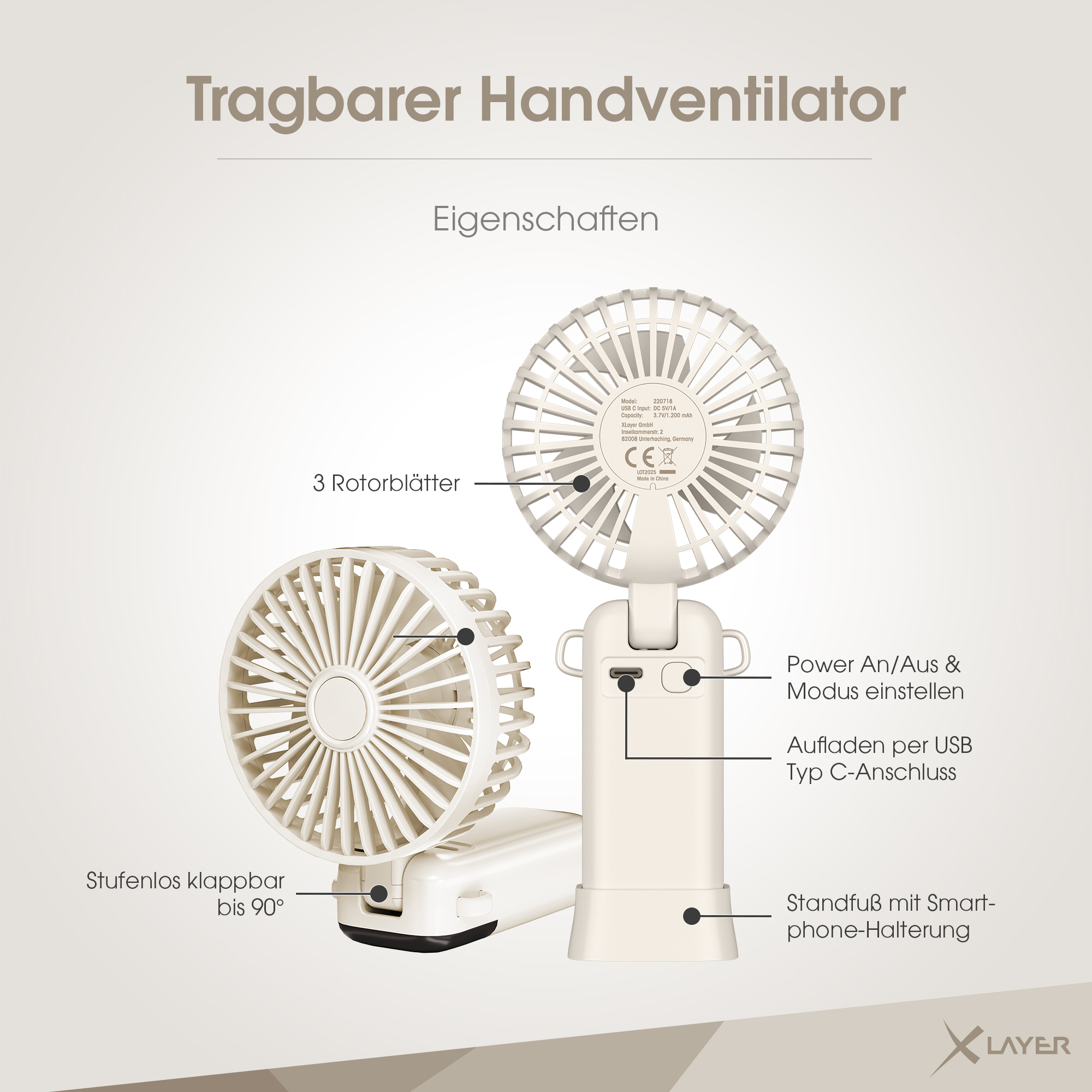 Handventilator, zwei Ansichten. Produktbeschreibungen mit Pfeilen im Bild.