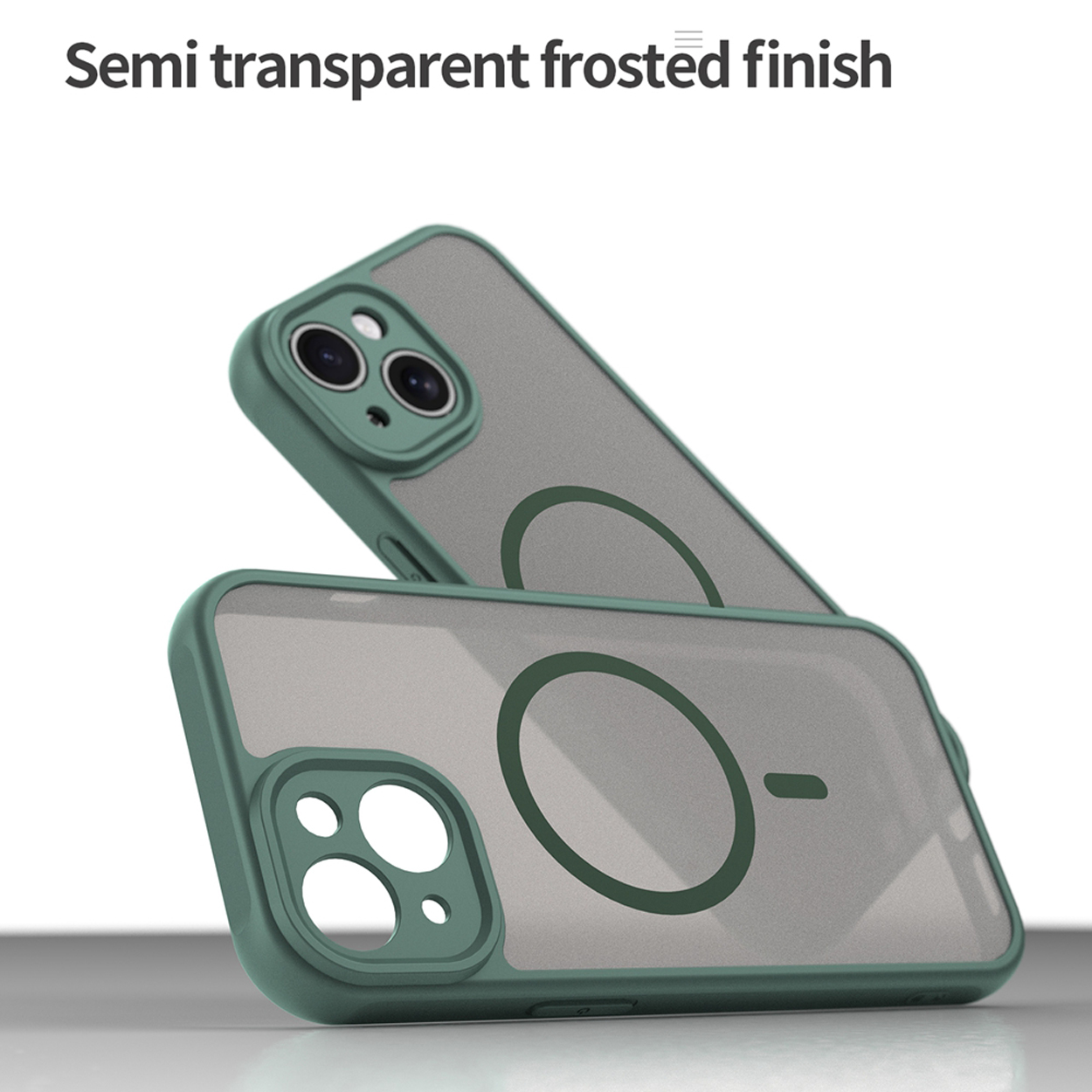 Two phone cases, one on top of the other, with a green frame and a grey back. Both have a circle in the middle.