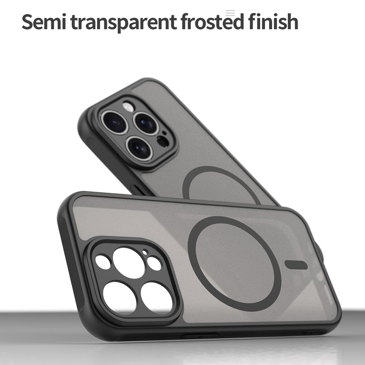 Twee telefoonhoesjes, zwart frame, grijze achterkant, één met telefoon erin.