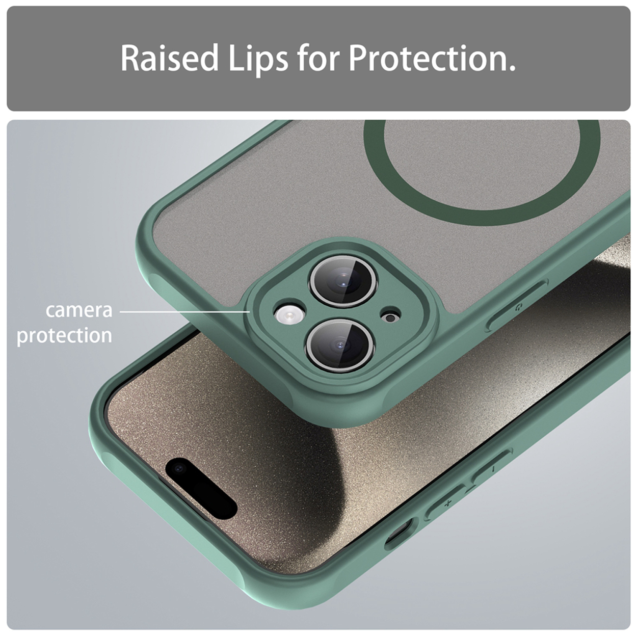 Phone case detail with camera protection. Phone is inside the case.