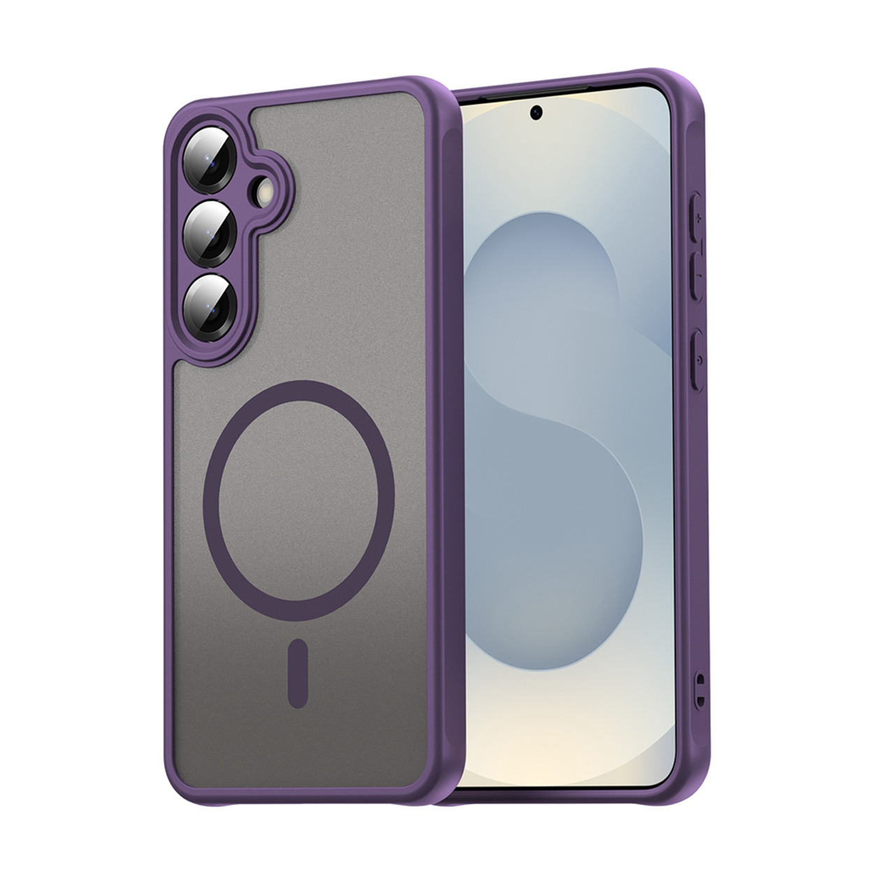 Een mobiele telefoon en een paars telefoonhoesje worden weergegeven op een wit oppervlak.