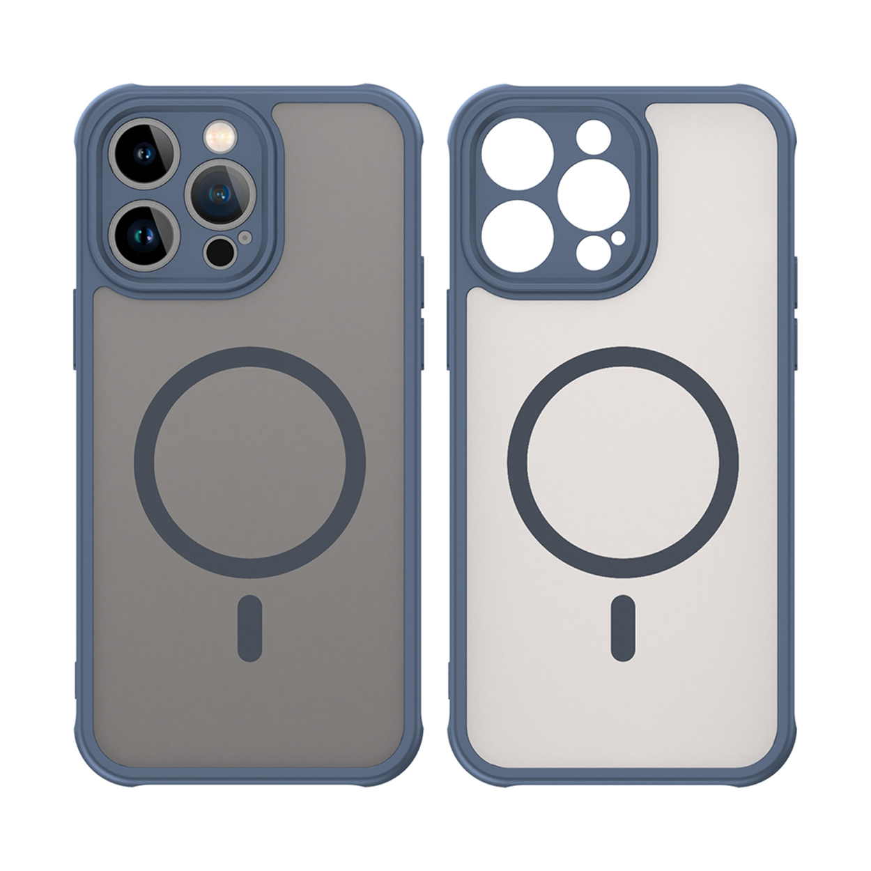 Twee telefoonhoesjes, een grijs en een wit, met blauwe randen en een zwarte ring op de achterkant, worden weergegeven.