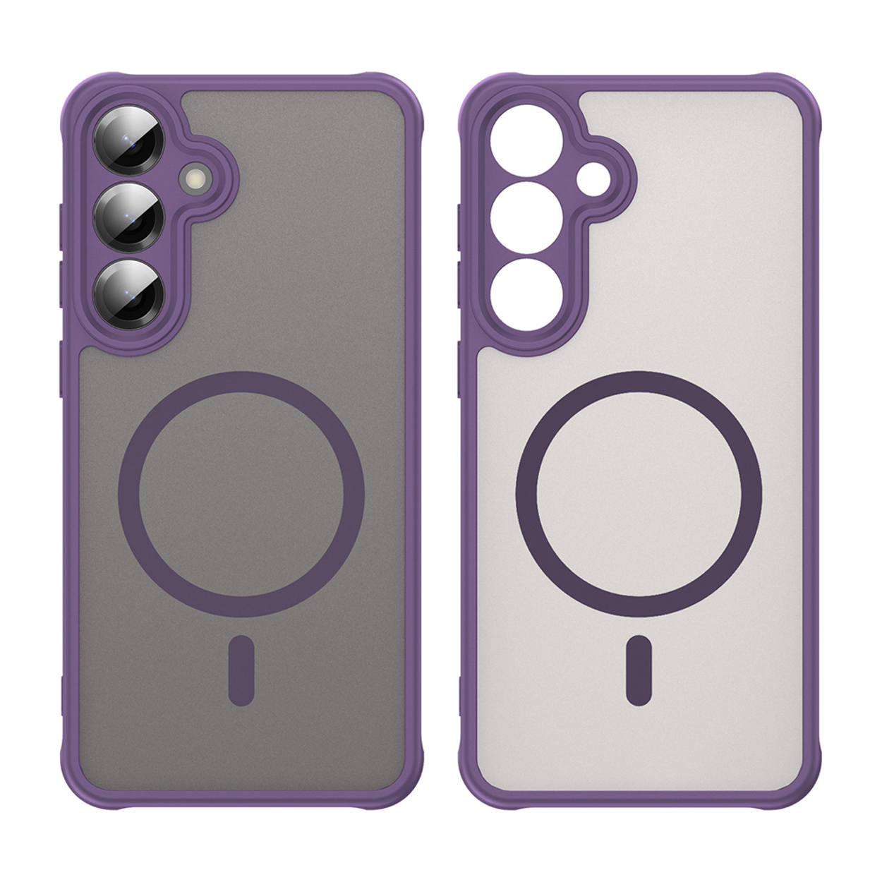 Deux étuis de téléphone, un gris et un blanc, avec des bords violets et un anneau noir à l'arrière, sont présentés.