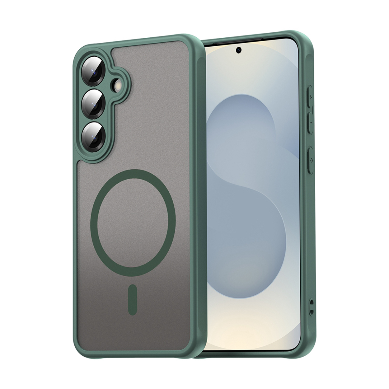 Twee telefoonhoesjes, één met de telefoon erin, groen frame en grijze achterkant. Beide hebben een cirkel in het midden en een camera.