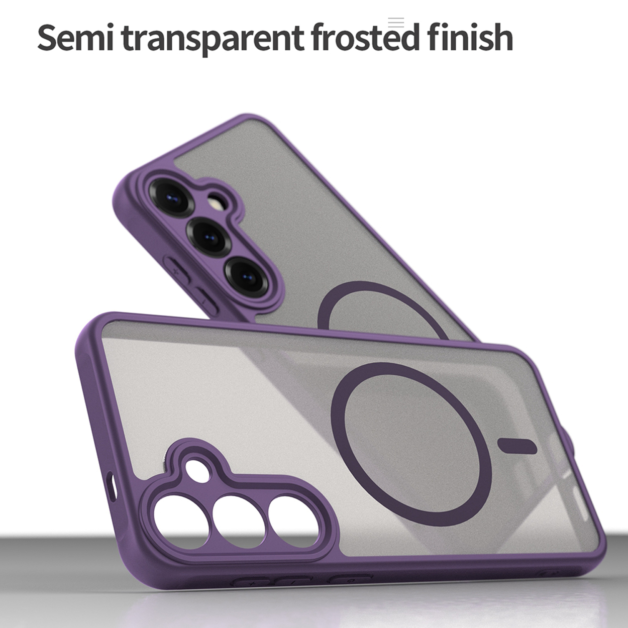 Deux étuis de téléphone violets avec une finition givrée semi-transparente sont empilés l'un sur l'autre.