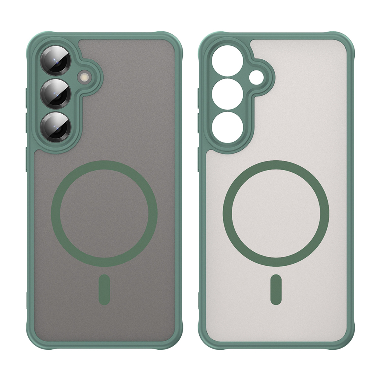 Twee telefoonhoesjes, groen frame en grijze achterkant, één met de telefoon erin. Beide hebben een cirkel in het midden.