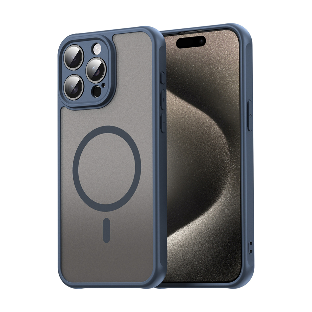 Coque de téléphone sur un téléphone. La coque est bleue et grise, avec un cercle et un symbole moins.