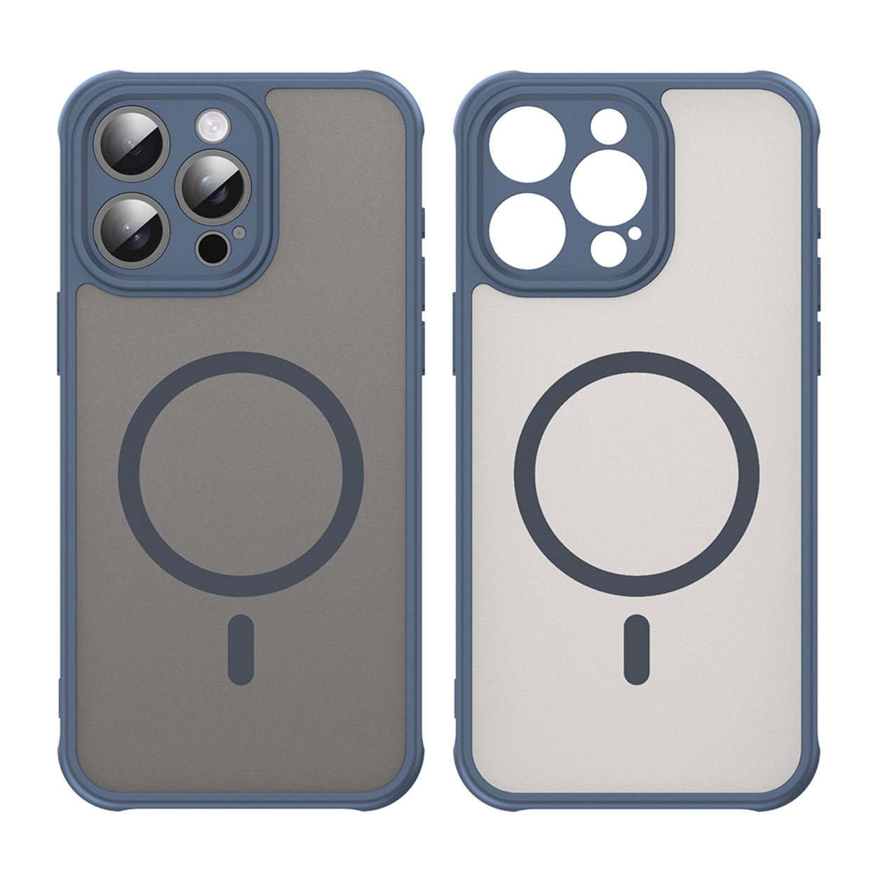 Deux coques de téléphone à bordures bleues, une grise, une blanche. Les deux ont un cercle et un signe moins.
