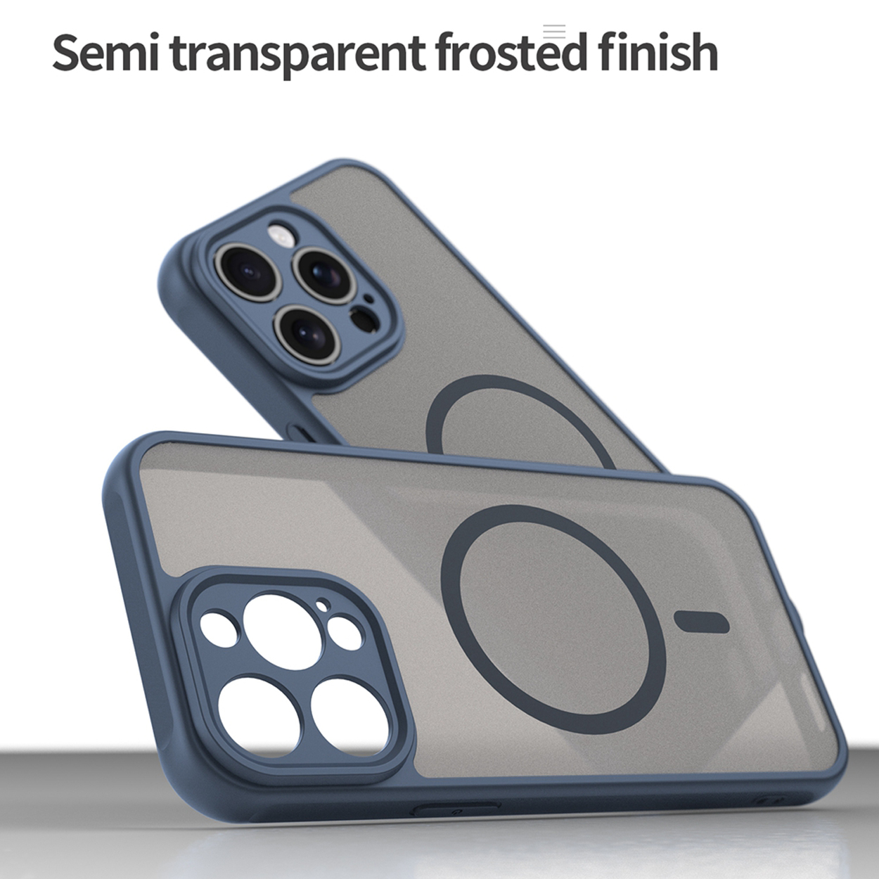 Deux étuis de téléphone bleus avec une finition givrée semi-transparente sont empilés l'un sur l'autre.