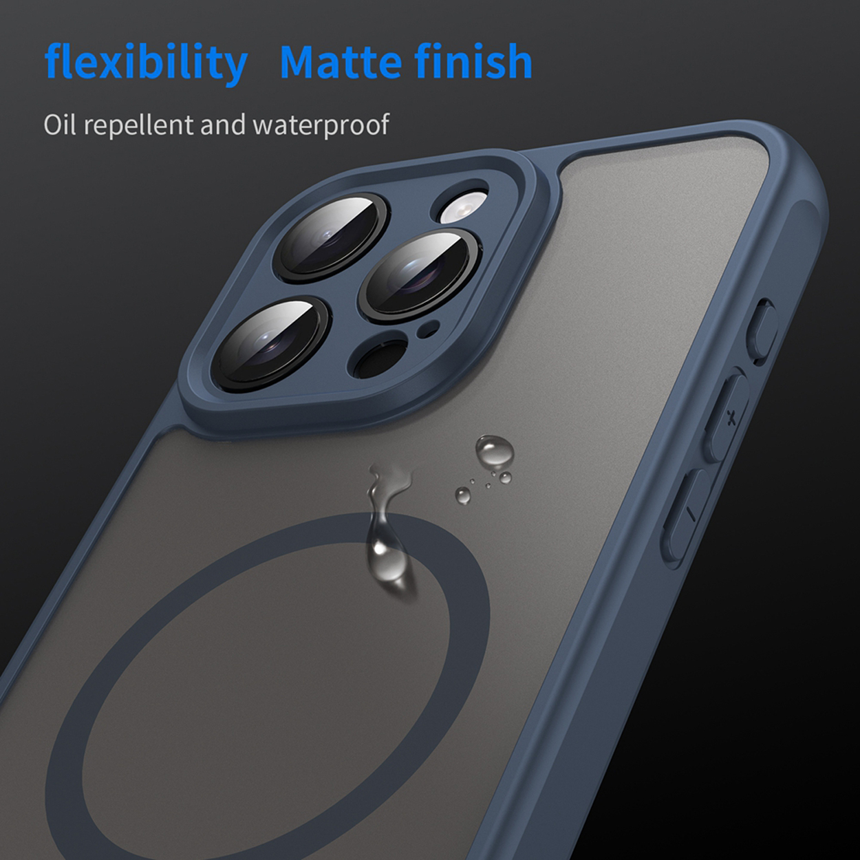 Coque de téléphone avec des gouttes d'eau. La coque est bleue, avec protection de caméra noire, finition mate et flexibilité.