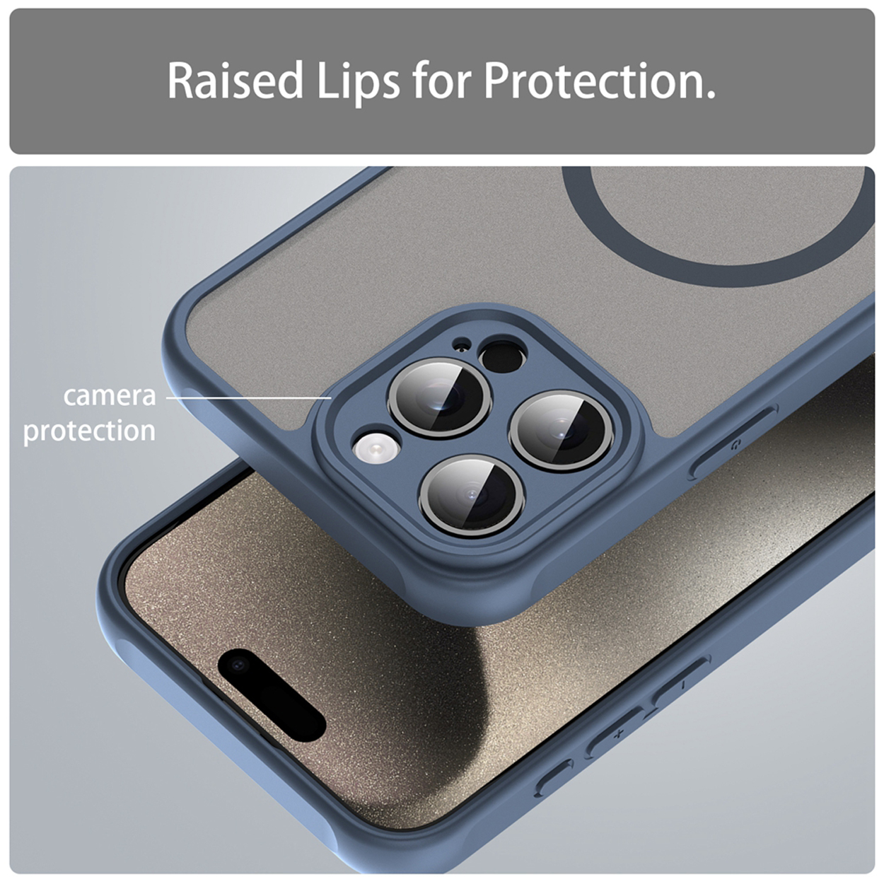 Un étui de téléphone bleu est empilé sur un téléphone, avec des bords surélevés pour la protection de la caméra.
