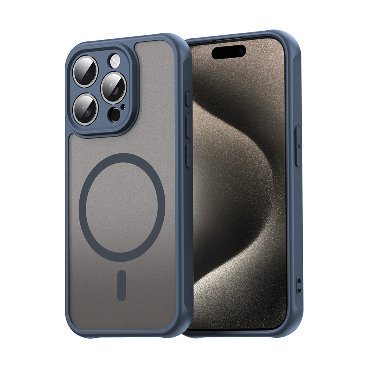 Coque de téléphone sur un téléphone. La coque est bleue et grise, avec un cercle et un symbole moins.